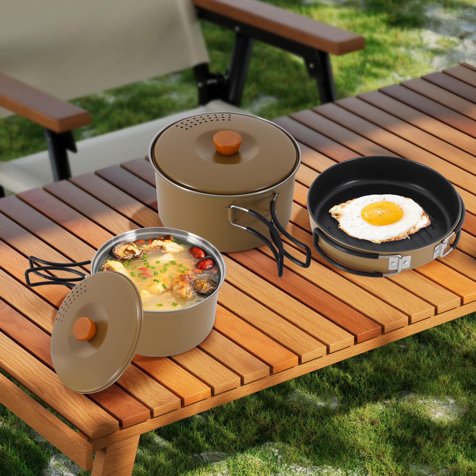 Camping Cookware Set, Camping Cooking Set,304 Stainless Steel Camping Pots &Frying Pan Set,Campfire Cooking Equipment with Storage Bag for Camping,Household, Hiking, Beach Trips (Khaki)