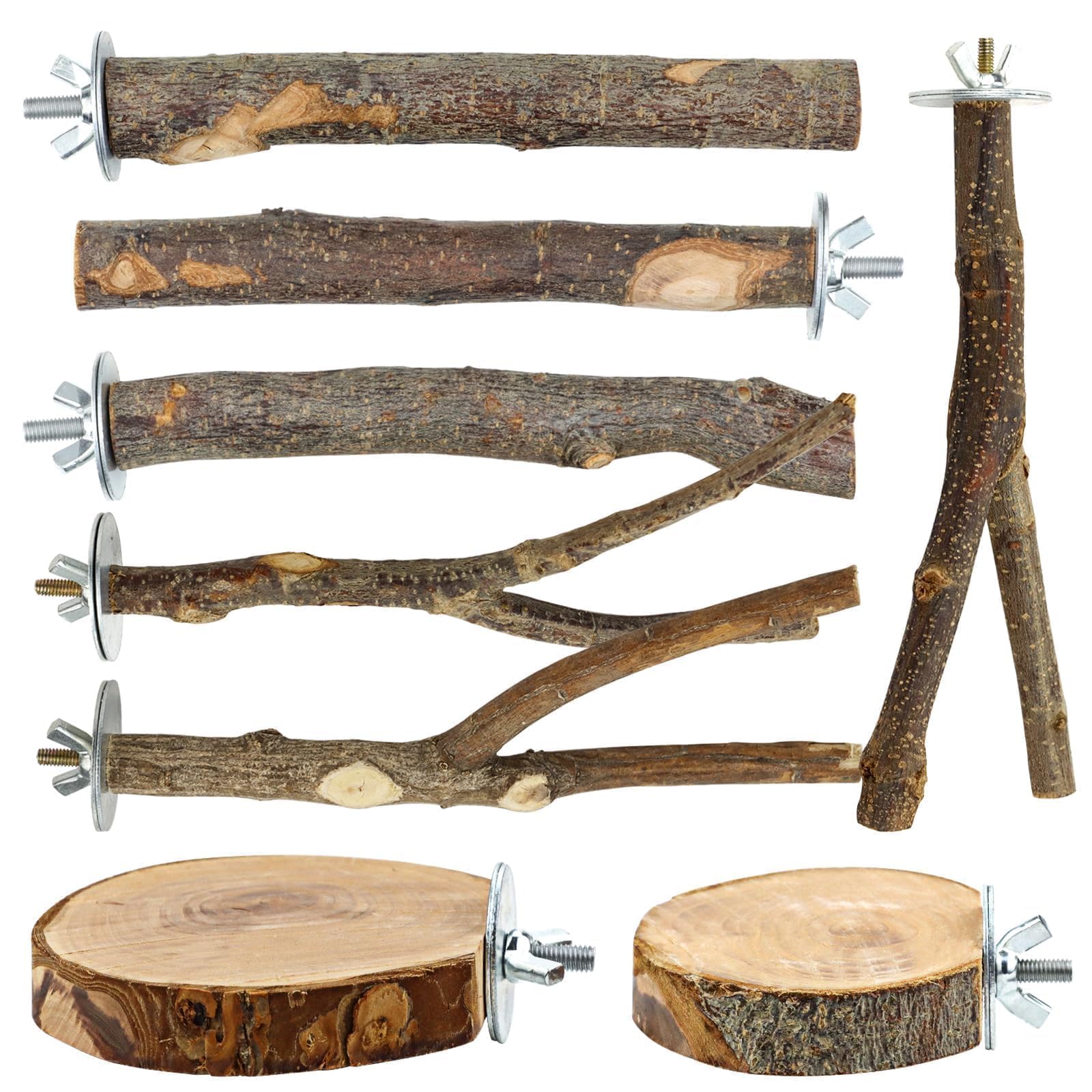 CZWESTC 8 PCS Natural Bird Perch Set - Apple Wood Platforms & Hardwood Branches for Parakeets, Cockatiels, Lovebirds - Natural Cage Accessories, Gym Playstand & Chewing Toys for Small Birds