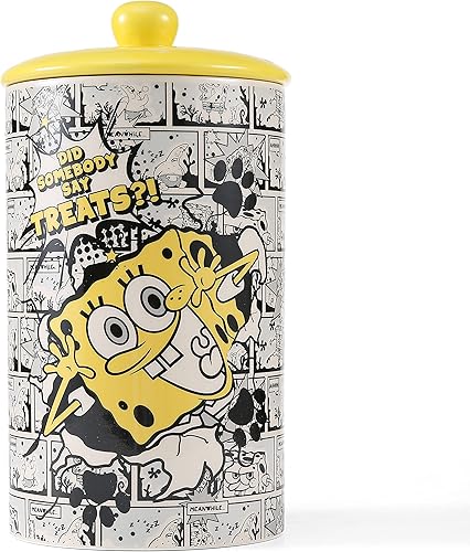 "Did Somebody Say Treats" - Tarro de cerámica para perros de 10 x 5 con tapa, apto para lavavajillas, Bob Esponja, cilindro amarillo para disponible en Yaxa Venezuela