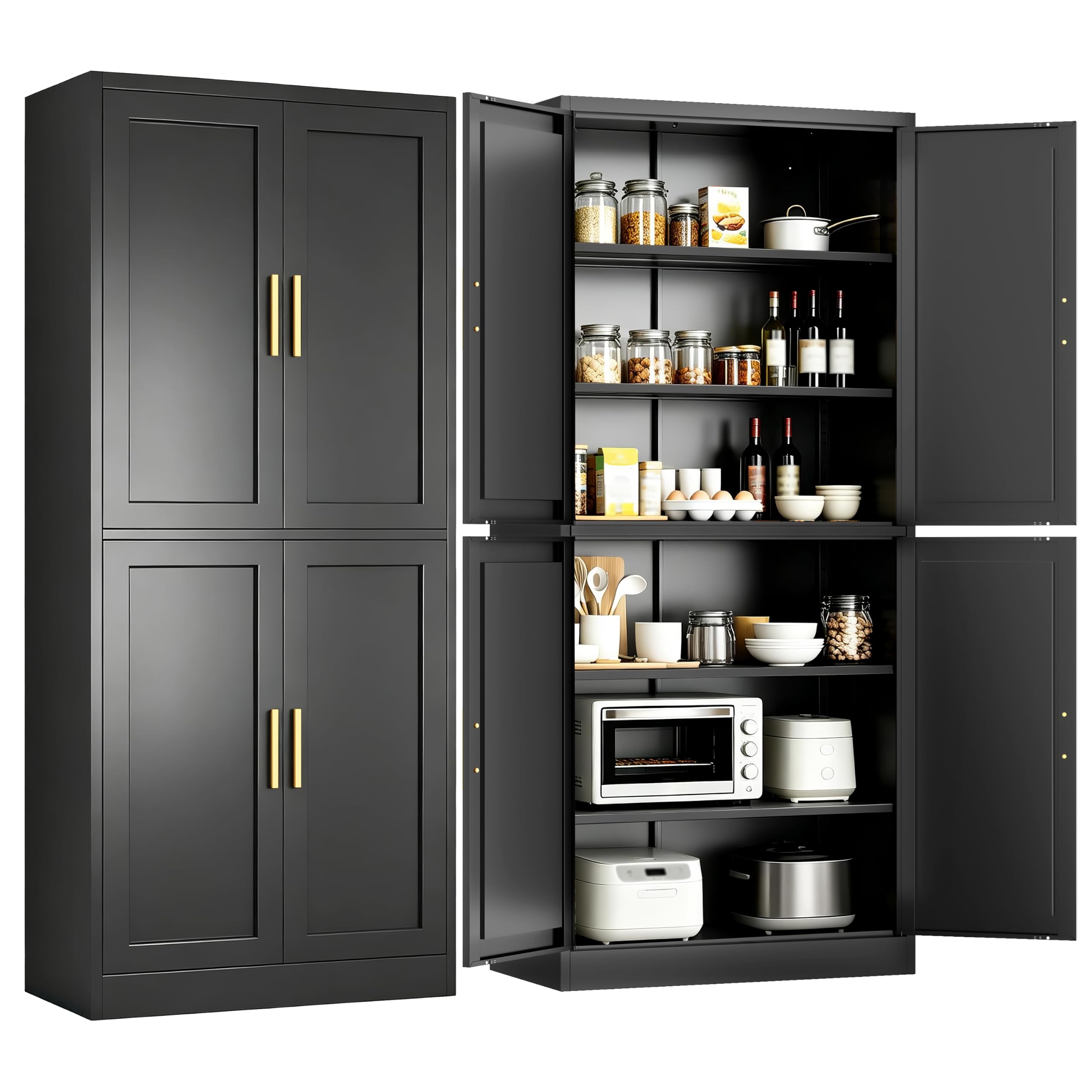 Wanfu 71" Tall Pantry Cabinet, Metal Kitchen Pantry Cabinet with 4 Doors and 4 Adjustable Shelves, Kitchen Pantry Storage Cabinets, Metal Storage Cabinet for Kitchen, Dining Room, Living Room-Black