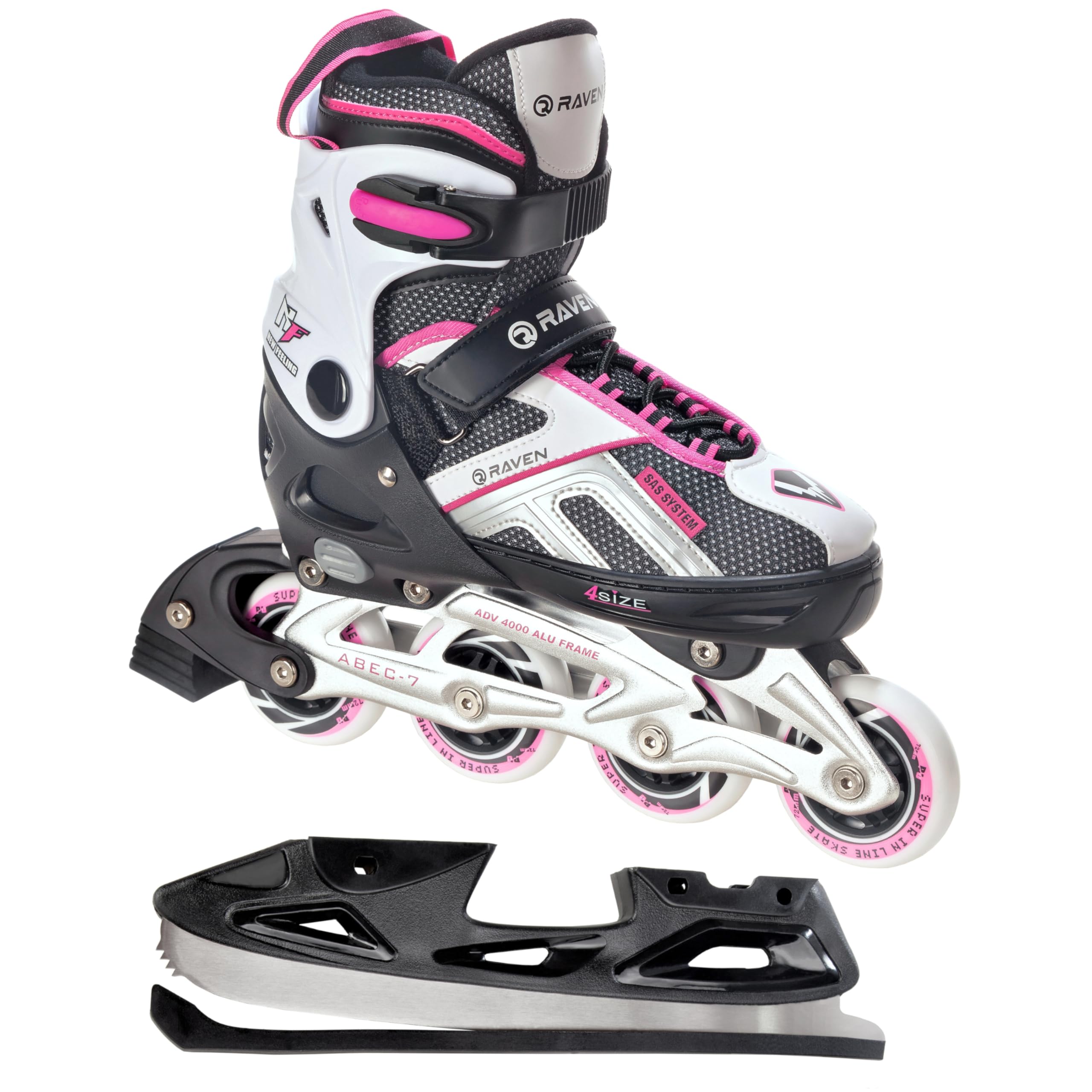 RAVEN Pulse Inline Skates Inliner für Kinder und Erwachsene OPTIONAL 2in1 mit Schlittschuhen verstellbar (Black/Pink mit Kufen, 40-43 (25,5-28cm))