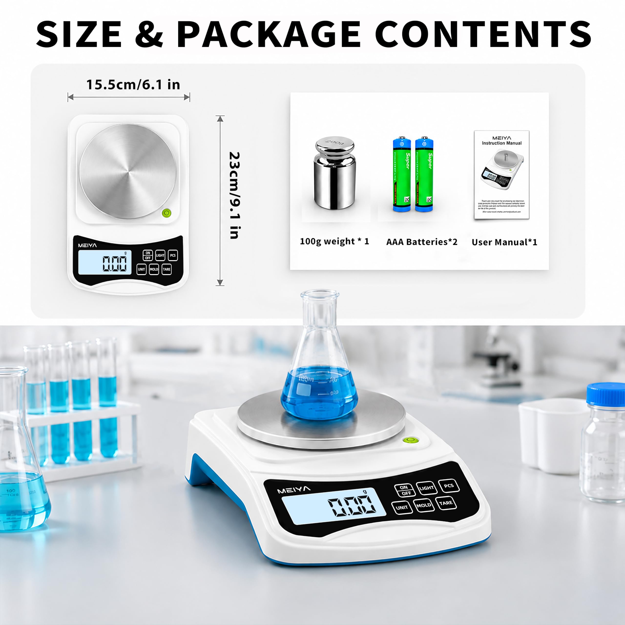 MEIYA Báscula digital de laboratorio, precisión de escala de 1000 g por 0,01 g, escala electrónica multifunción de alta precisión (incluye 100 g de peso y 2 pilas AAA), escala de equilibrio aprobada