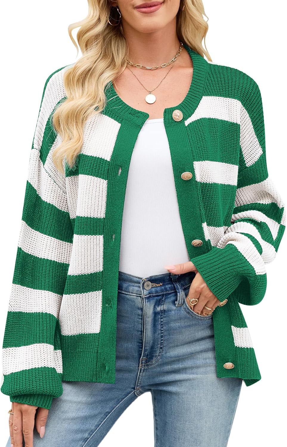 Womens Cardigan Sweaters Long Sleeve Striped Knit Cardigans Button Down Knitted Lady Jackets Outerwear Coat