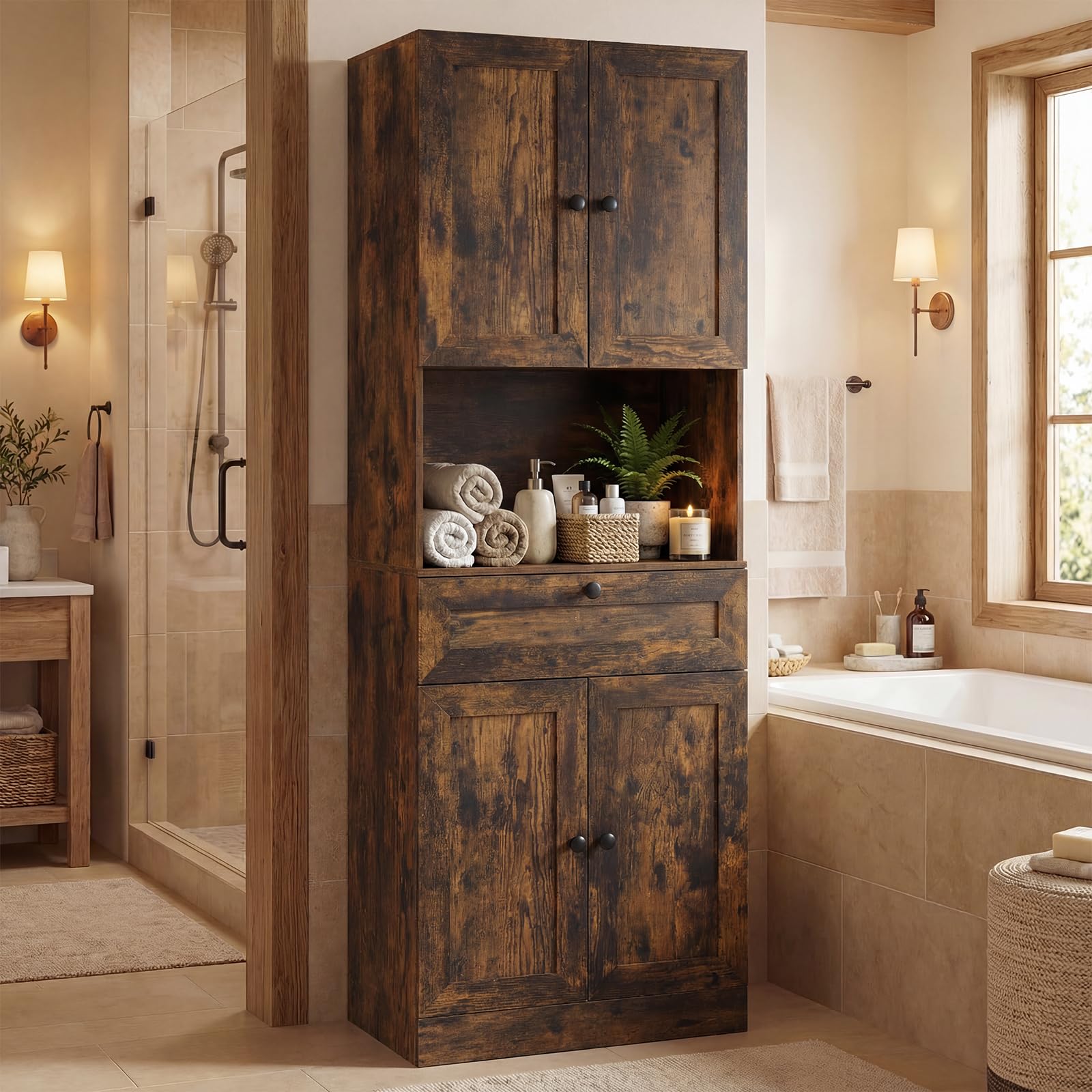 GIANTEX Armario Alto de Baño, 60x35x171,5cm, Mueble de Almacenamiento con 4 Puertas, 1 Cajón y Compartimento Abierto, Estante Ajustable, Kits Antivuelco, Organizador para Salón, Cocina (Marrón)