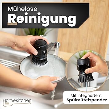 HomeKitchen® Washing Up Brush with Washing Up Liquid Dispenser and Holder, Black Refillable with Washing Up Liquid, Round Cleaning Brush for Pans, Scourer, Dish Brush