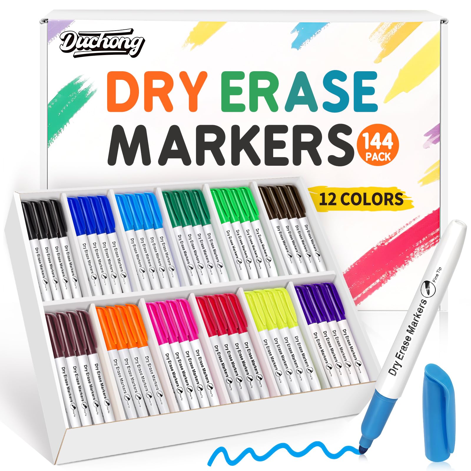 Duchong 144 Count Dry Erase Markers Bulk 12 Assorted Colors Fine Tip Whiteboard Markers for Kids Teachers Dry
