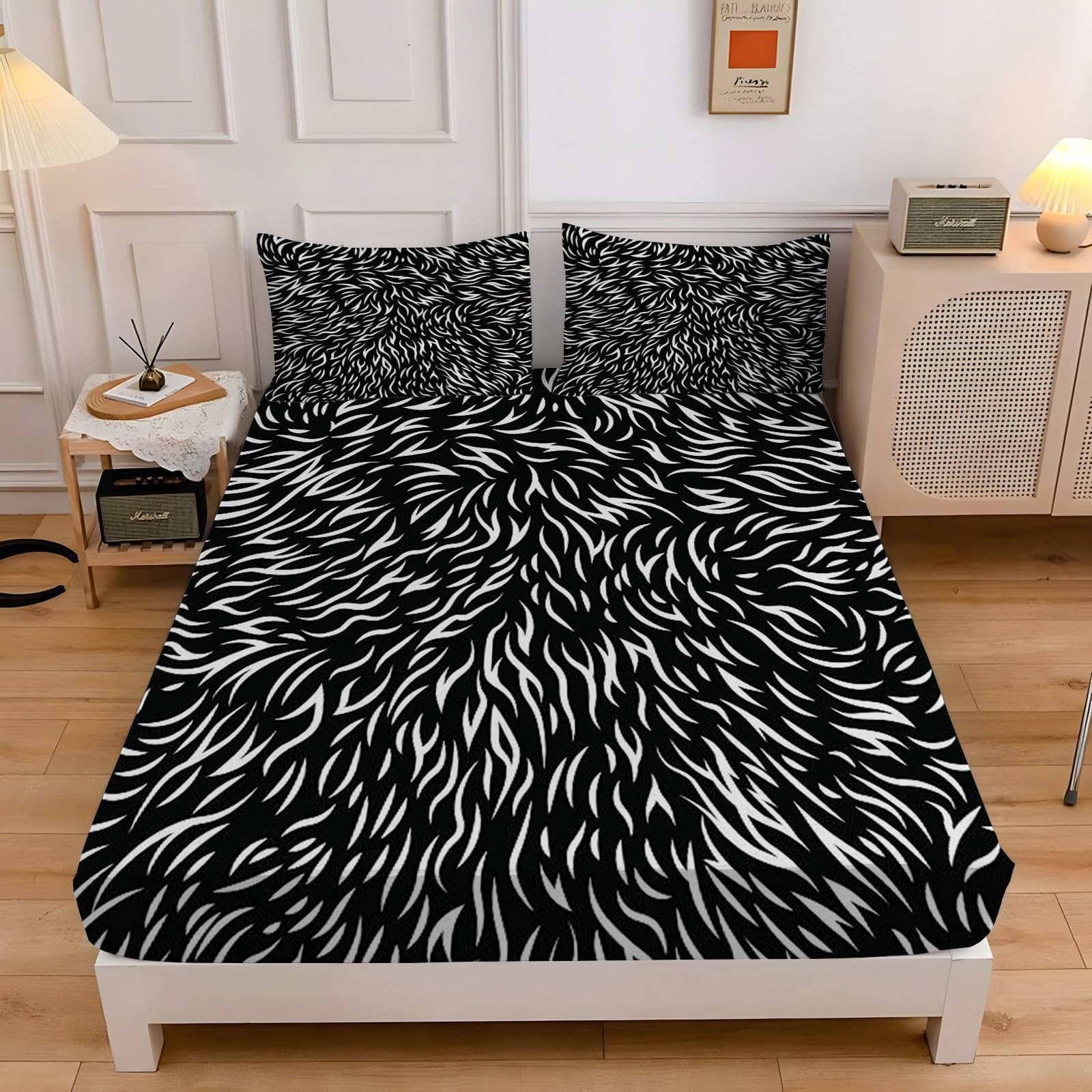 Zebra podwójne prześcieradło w paski białe i czarne prześcieradło z gumką miękka mikrofibra głęboka kieszeń 30 cm, prześcieradło z gumką 180 x 200 cm i 2 poszewki na poduszki