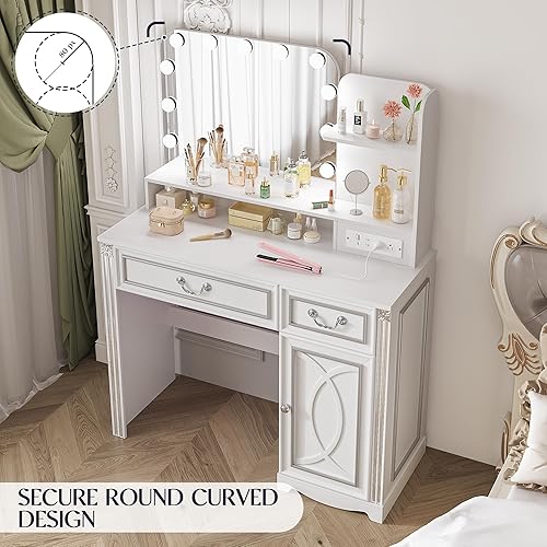 Miniatura 8 de Vanity Desk with Lighted Mirror, 39.4 inch Vintage Makeup Table with Power Outlet, Bedroom Vanity Dressing Table with Adjustable Lights & 2 Drawers,