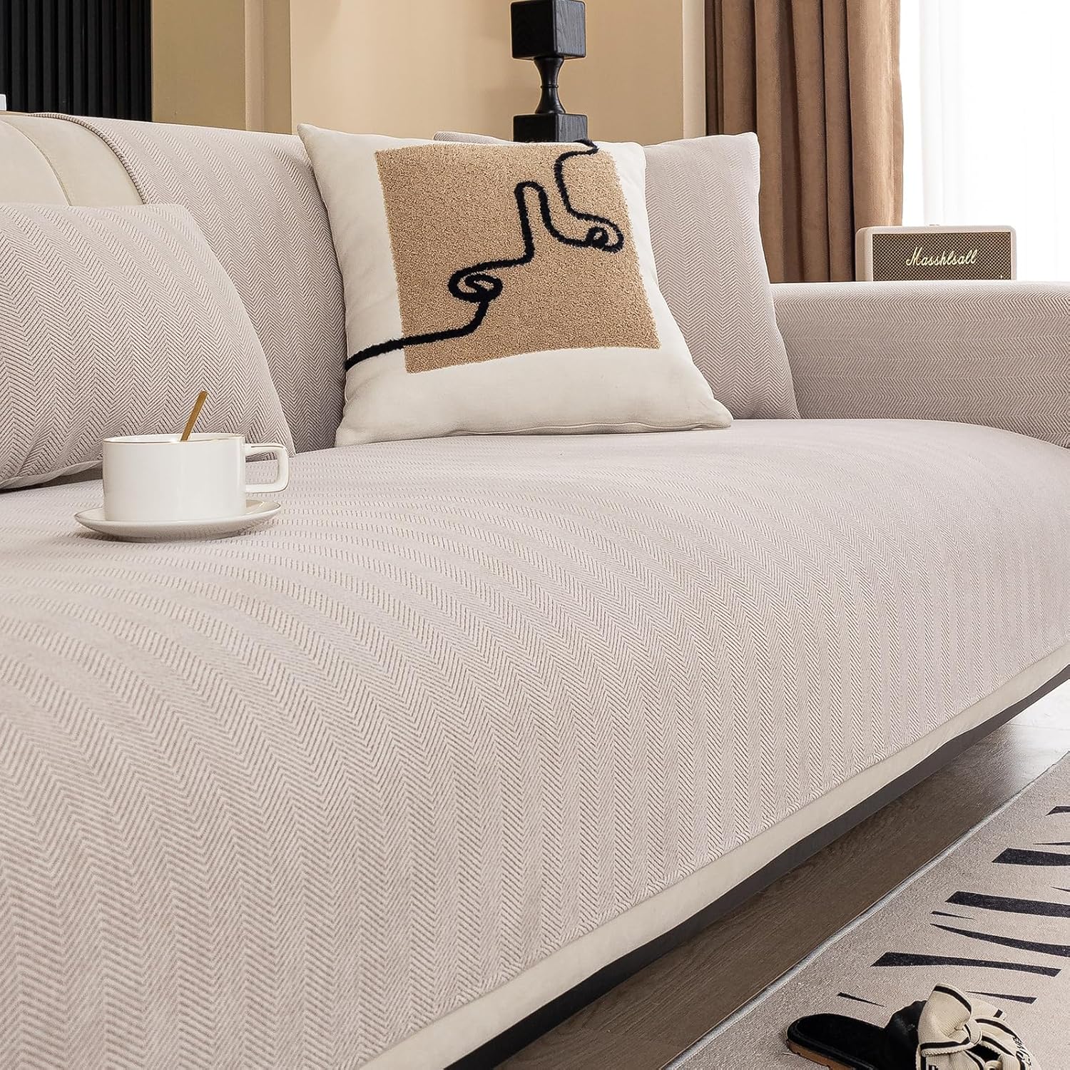 Chenille Sectional Sofa Covers Herringbone Washable Funny Fuzzy Non-Slip Protector for L-Shaped (Beige Brown, 36"x 83") 1pc/36"x 83"/Rectangular Beige Brown