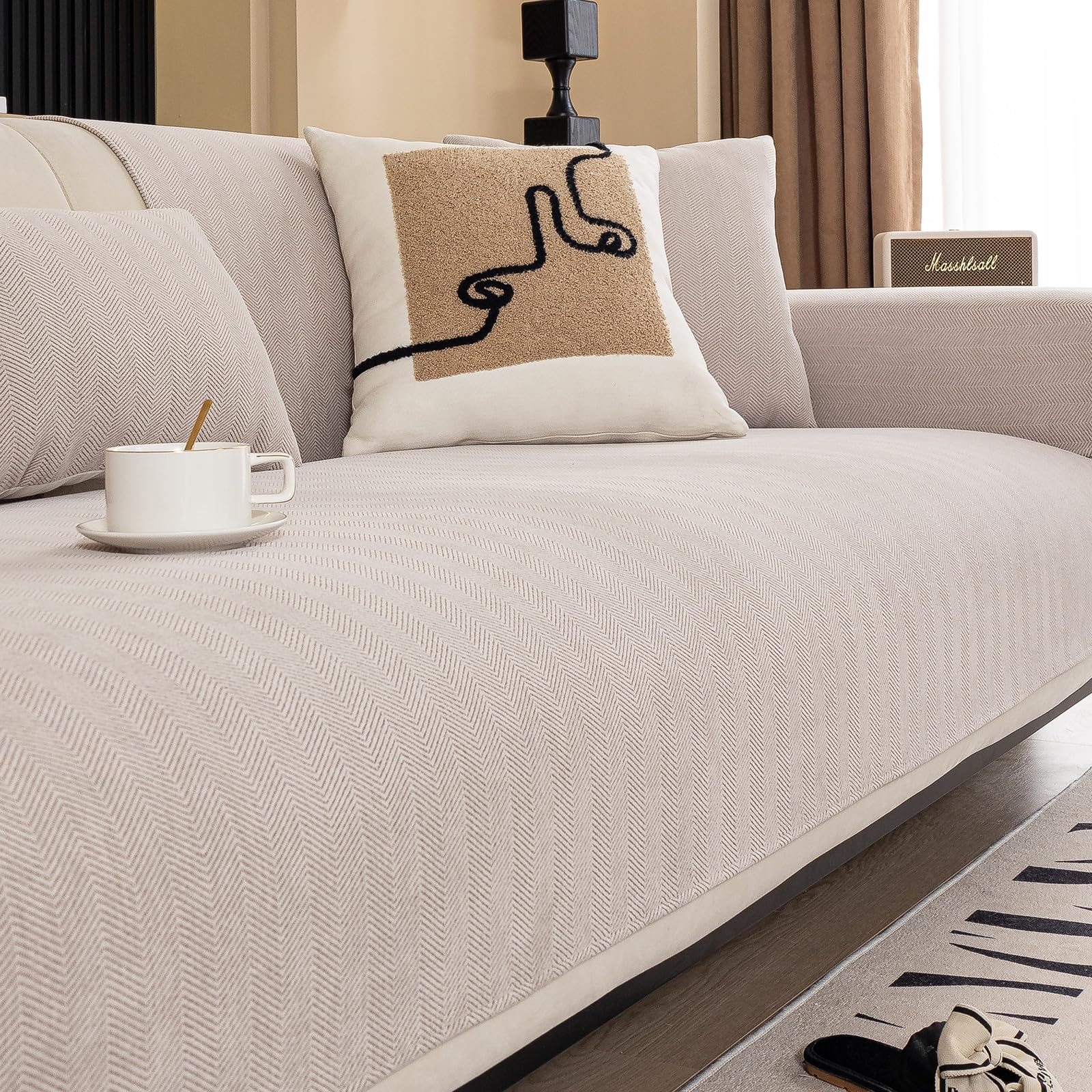 MDSASFD Chenille Sectional Sofa Covers, Herringbone Washable for Dogs, Funny Fuzzy Couch Covers Non Slip Protector for L Shaped(Beige Brown, 36"x 47")