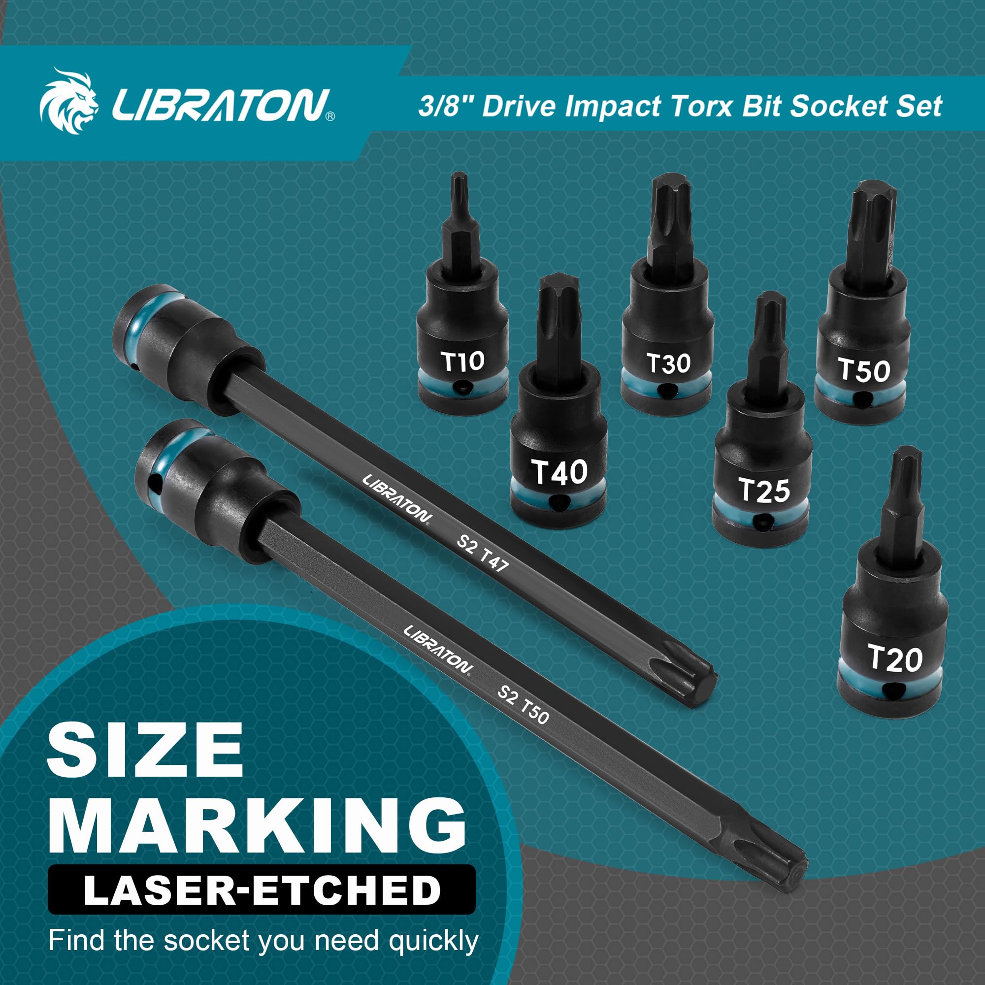 LIBRATON Chiavi a Bussola Torx da Attacco da 3/8", Bussola Torx Lunghe, Bussola a Pressione in Acciaio S2, 24 Punte per Chiavi a Bussola, Bussole Per Inserti a Impatto, T10-T60, Lunghezza 48mm e 150mm