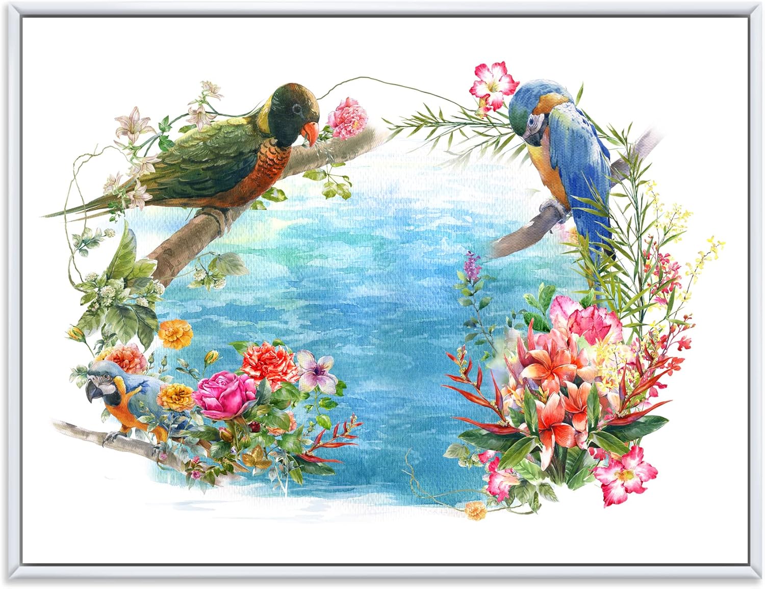 Birds and Flowers By The Blue Waterside - Traditional Framed Canvas Wall Art Print 32x24 FL37102 White