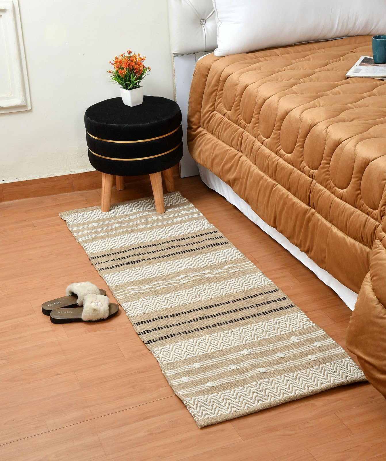 Ultica Fab® Handmade Sustainable Cotton 2 x 5 Feet Floor Rugs Carpet Durries for Living Drawing Room | Bedside Runner for Bedroom (Beige & White)