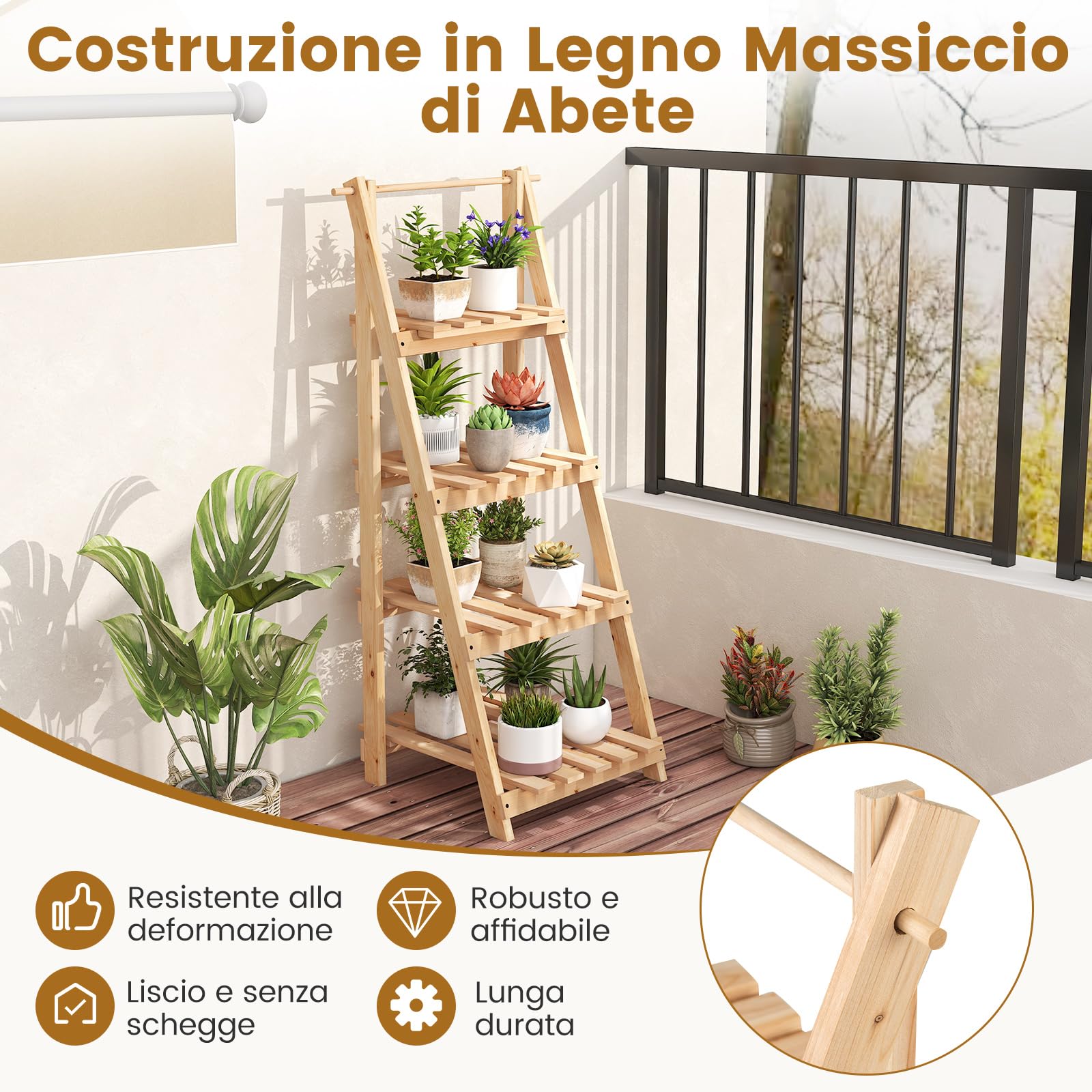 COSTWAY Scaffale Porta Piante a Scala Pieghevole, Scaffale per Vasi in Legno a 4 Livelli, Supporto Porta Fiori da Interno per Soggiorno Camera da Letto, Balcone