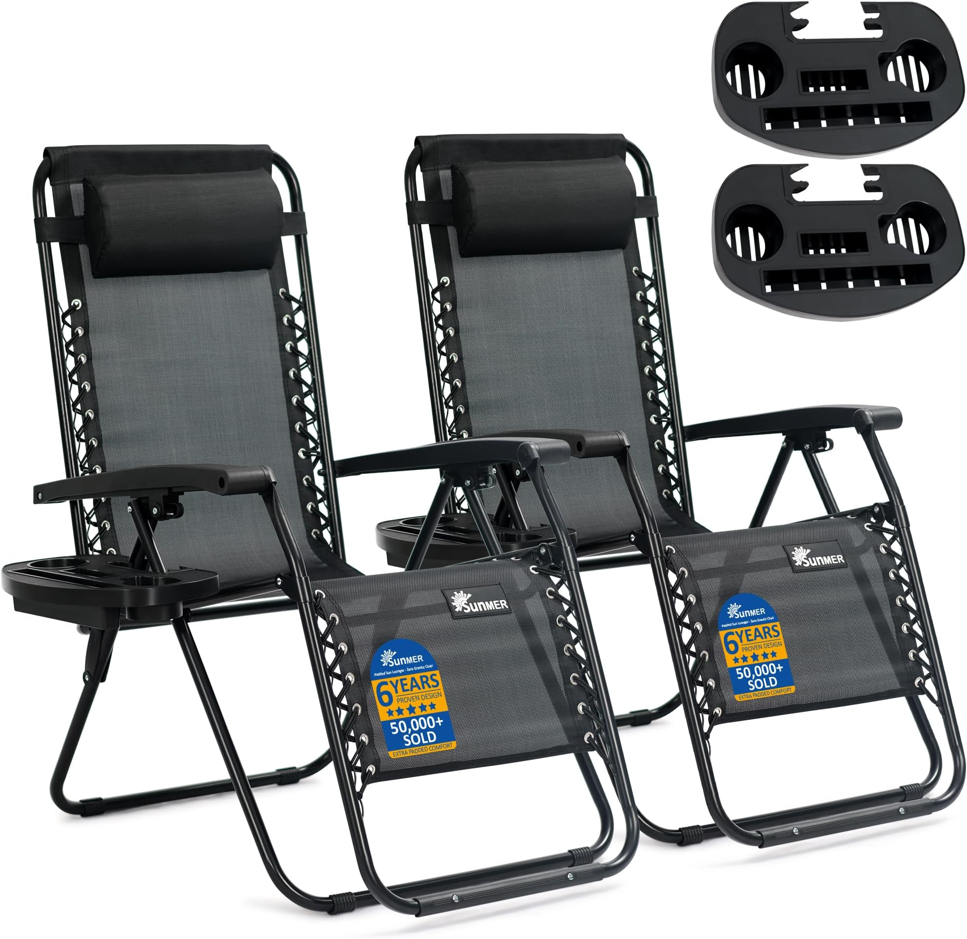 SUNMER Sun Lounger Garden Chairs - Set of 2 Zero Gravity Chairs with Cup & Phone Holder, Adjustable Headrest & Pillow - 30° to 90° Folding Deck Recliner - Professional Outdoor Seating - Black