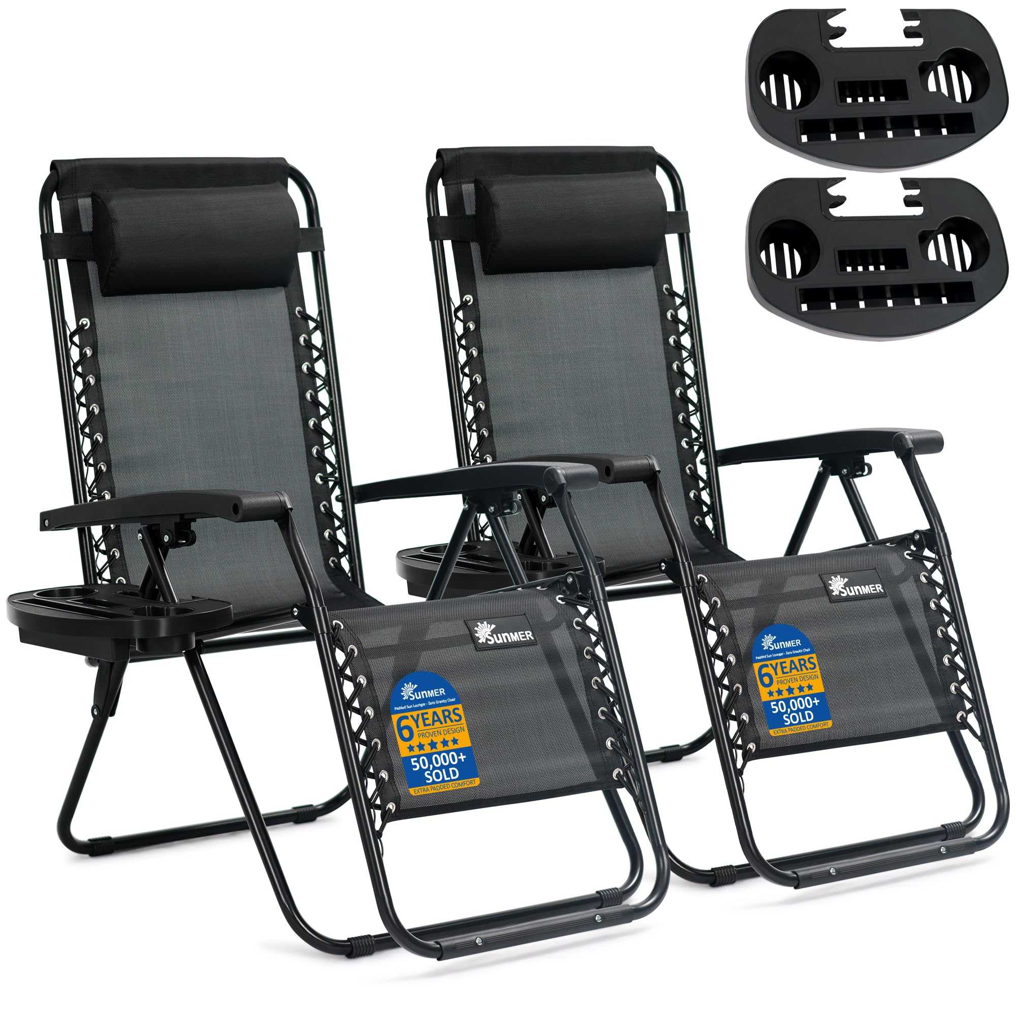 SUNMER Sun Lounger Garden Chairs - Set of 2 Zero Gravity Chairs with Cup & Phone Holder, Adjustable Headrest & Pillow - 30° to 90° Folding Deck Recliner - Professional Outdoor Seating - Black