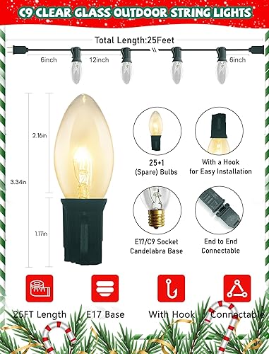 Miniatura 2 de Luces C9 transparentes para el día de San Valentín de 25 pies para exteriores, cadena de luces vintage con 26 bombillas C9 blancas cálidas, luces