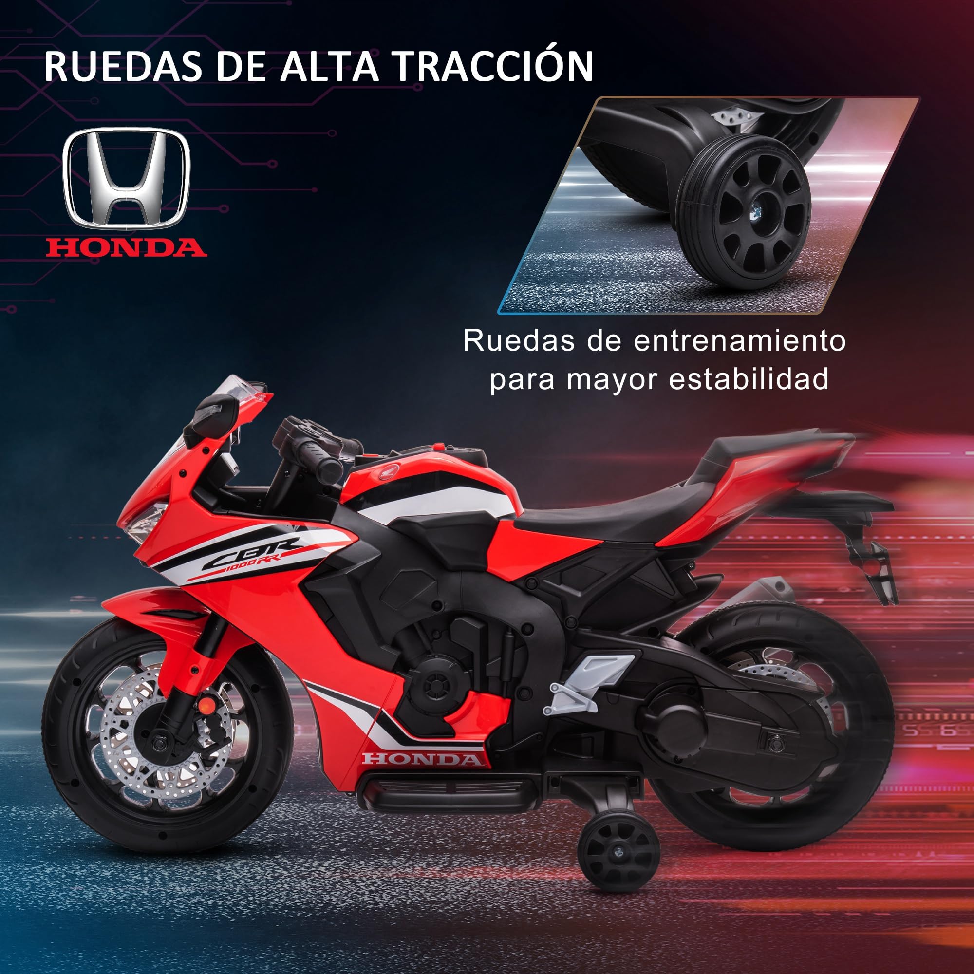 HOMCOM Moto Eléctrica con Licencia Honda para Niños de 3-5 Años Moto a Batería 6V con Faro Bocina Música y Ruedas Auxiliares Extraíbles Carga 30 kg 90x44x52 cm Rojo