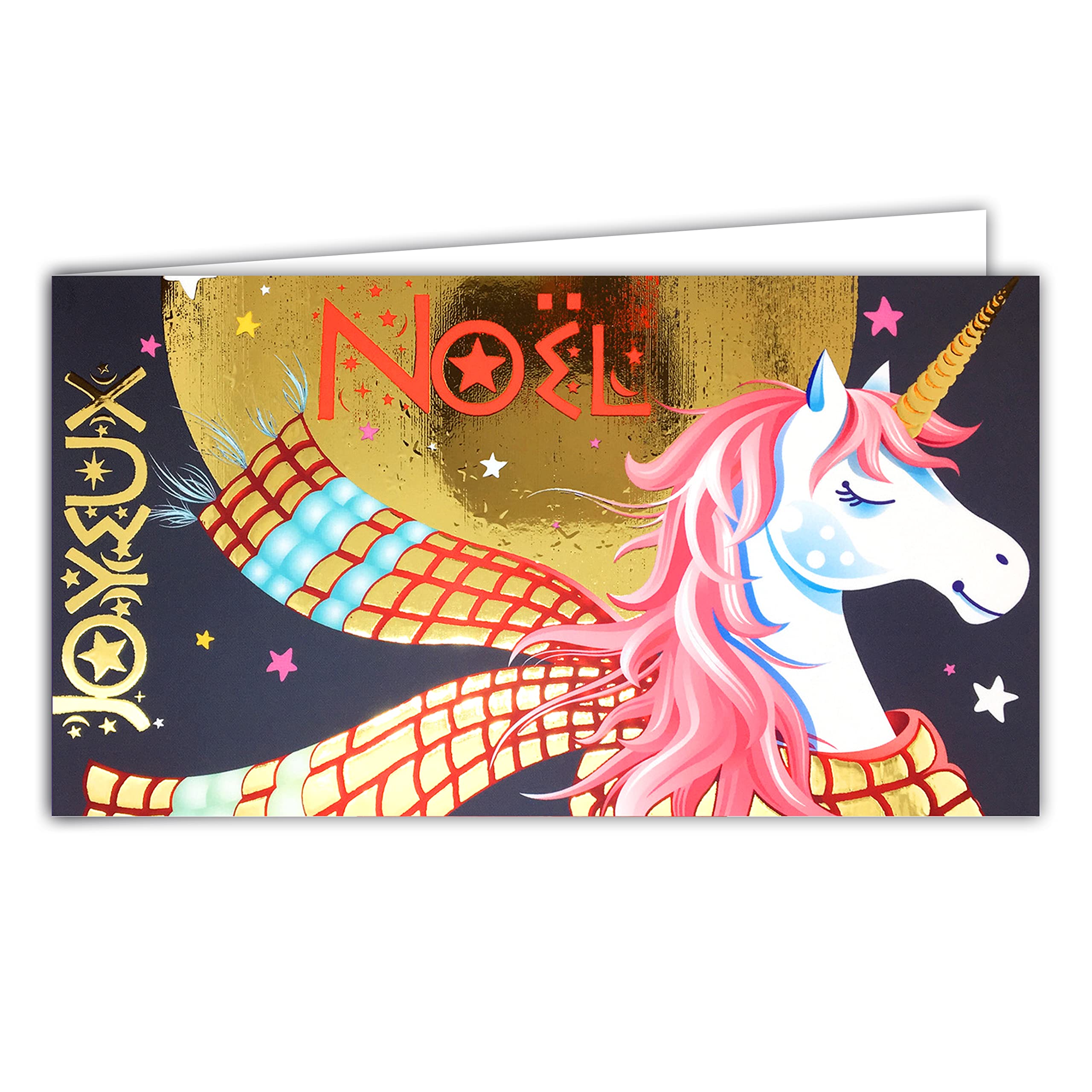 Afie 61-5715 Happy Christmas Unicorn Panoramic Card in Shiny Gold Sparkle Sparkling Flamboyant Pony Pink Mane Horse Stars Holiday Horizontal with White Envelope