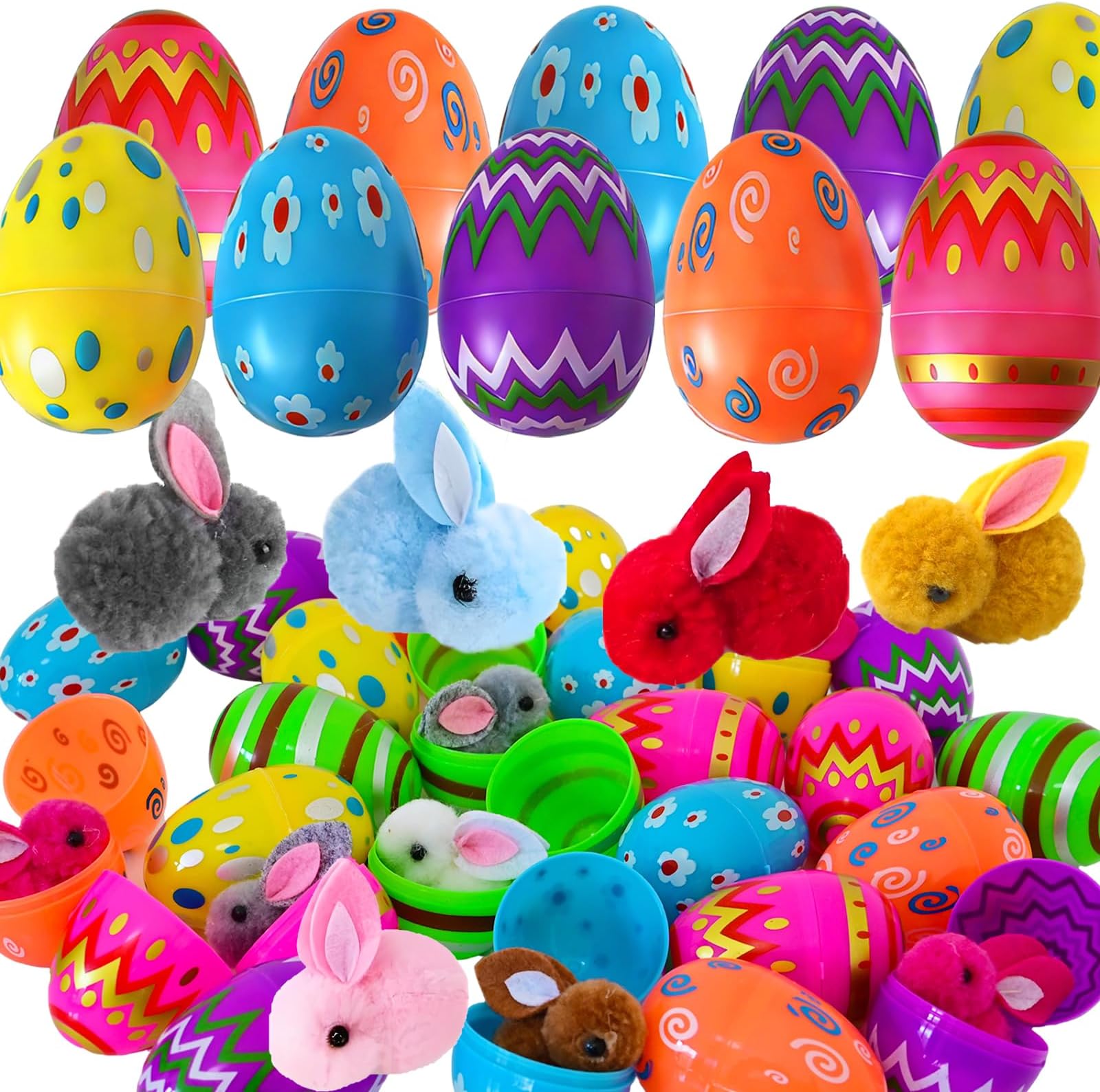 24 Pack Pre Filled Easter Eggs with Bunny Plush for Easter Egg Hunt, Easter Basket Fillers for Kids Gifts Party Favors, Easter Party Bag Stuffer, Easter Prizes, Pinata Filler