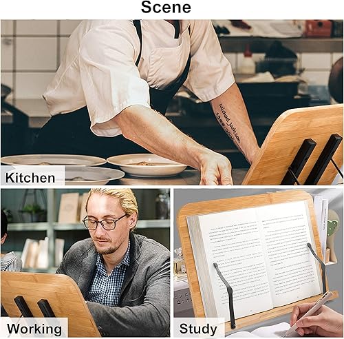 Miniatura 7 de Readaeer Soporte para libros de bambú, soporte grande para libros con 6 alturas ajustables, soporte plegable para libros de cocina y oficina (13.4 x