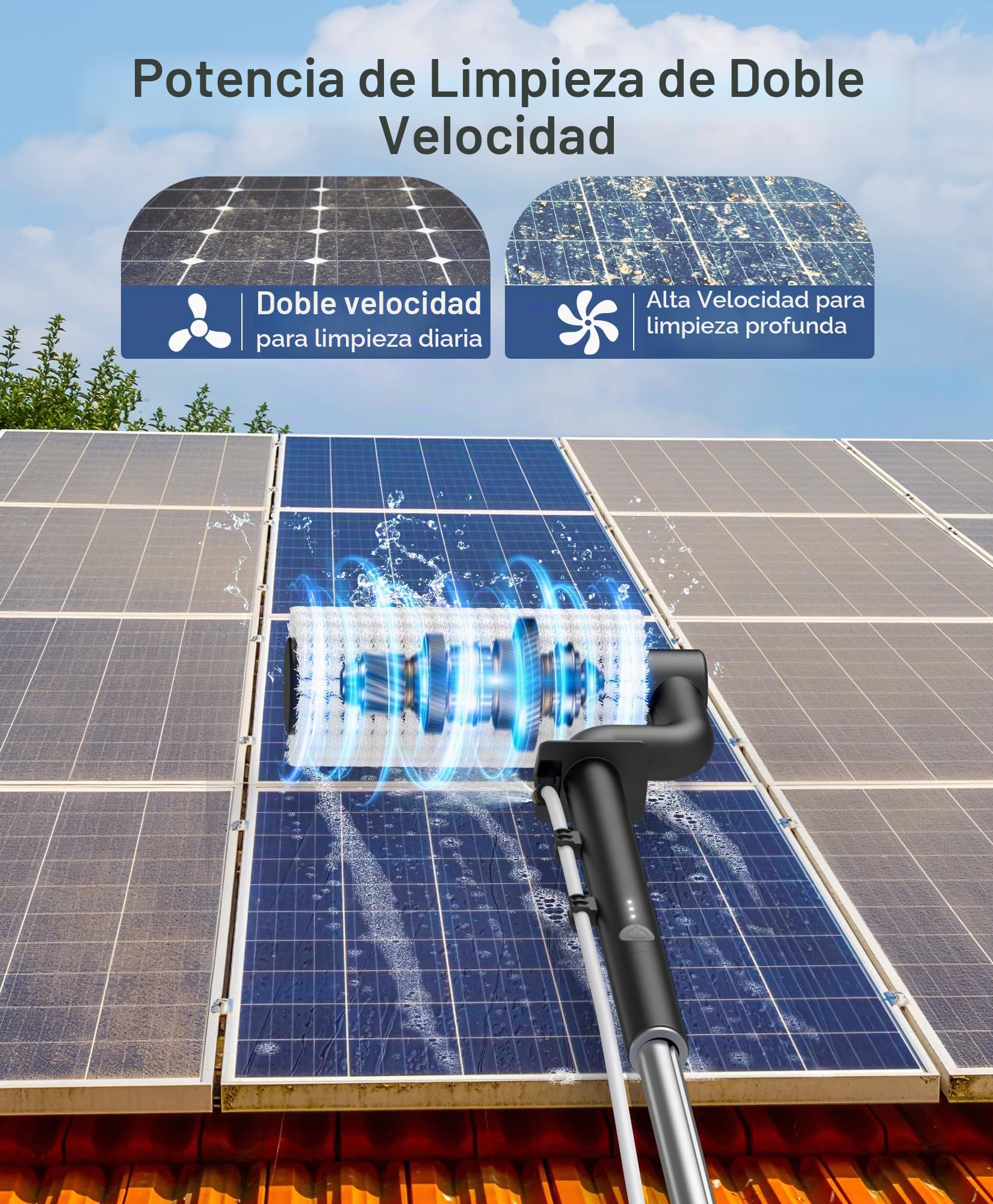 LyriFine Kit de limpieza de panel solar eléctrico, poste de limpieza de ventanas extensible alimentado por agua de 6 metros con poste telescópico de 5 etapas, cepillo de limpieza de ventanas de 2