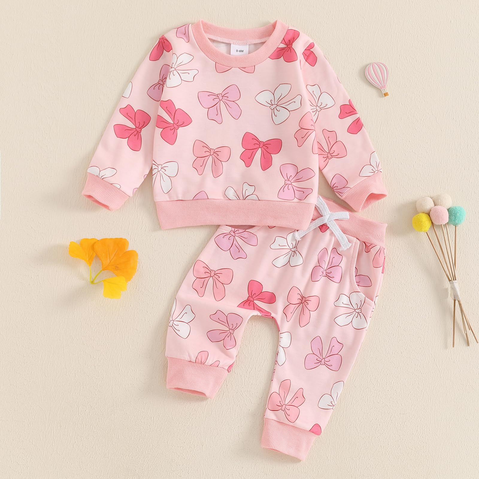 farrubbyine8 Cute Baby Girl Clothes Long Sleeve Bow Print Sweatshirt Top and Matching Pants Set 2 Piece Toddler Girl Fall Outfits (Pink, 12-18 Months)