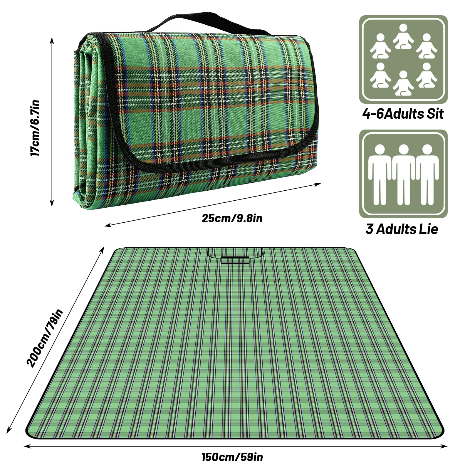 Coperta da Picnic con Retro Impermeabile 150x200 cm Portatile Pieghevole Verde