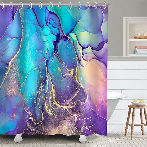 RosieLily Juego de cortinas de ducha de mármol negro con 12 ganchos, decoración de baño, 72 pulgadas de ancho x 72 pulgadas de alto