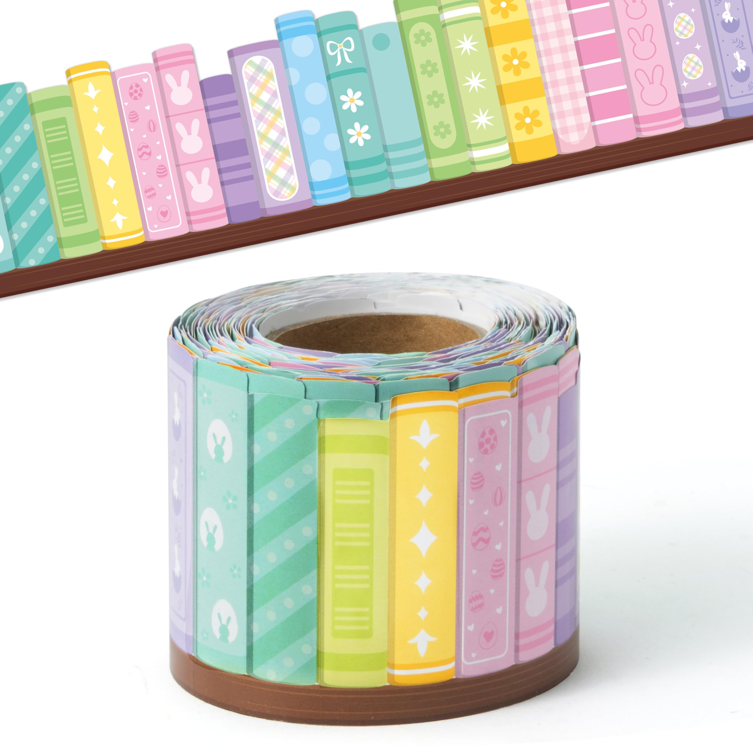 BeYumi Pastel Bookshelf Border Trim - 65ft Back to School Colorful Pastel Books Rolled Border Trim Floral Bunny Bookshelf Bulletin Board Library Classroom Office Chalkboard Home Wall Party Decoration