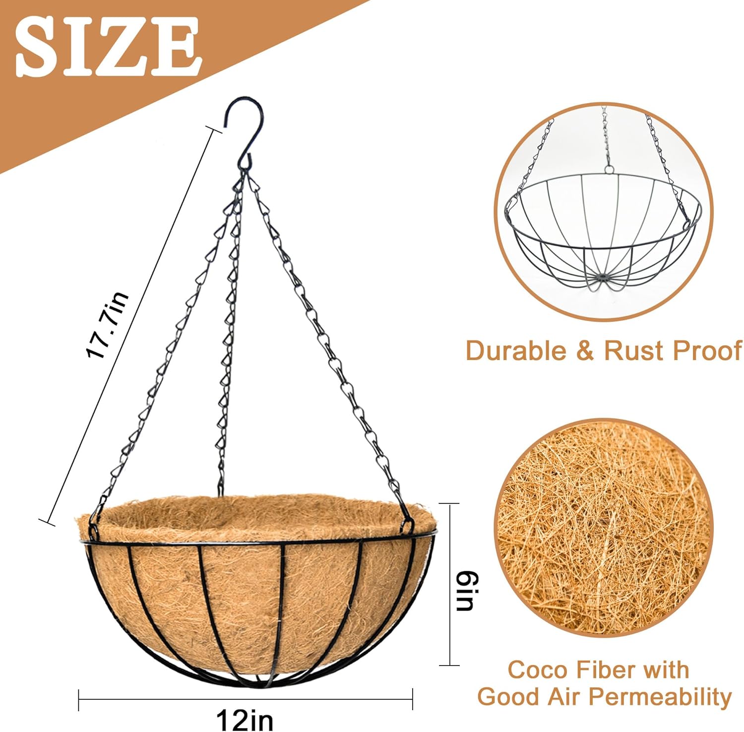 4 Pack 12 Inch Hanging Baskets for Plants Outdoor Metal Hanging Planter Basket with Coco Coir Liner Hanging Flower Baskets Hangings Flower Pots Holder for Garden, Patio(Watermelon)