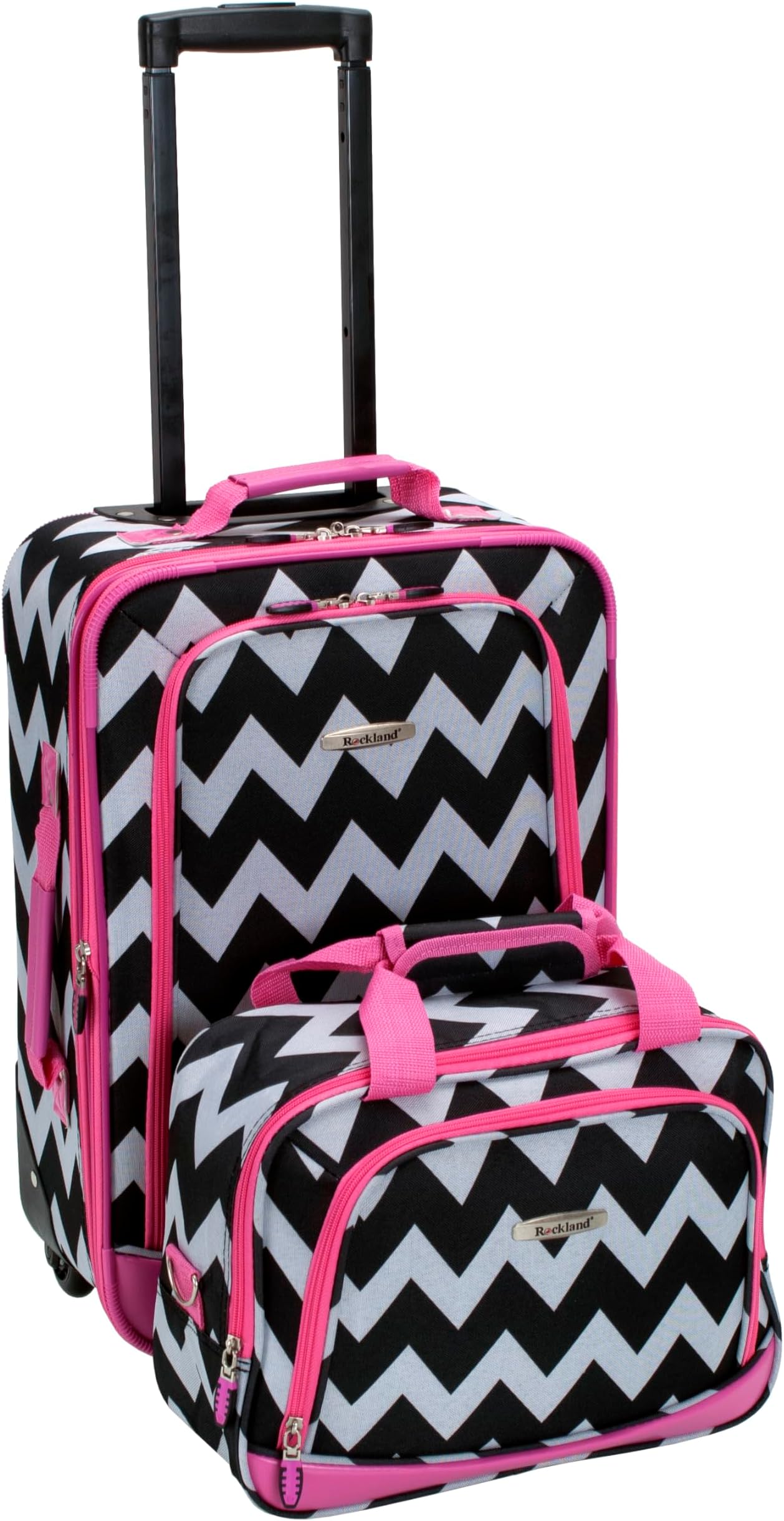 Fashion Softside 2 Piece Luggage Set, Expandable, (14" Tote/19" Upright), Pink Chevron