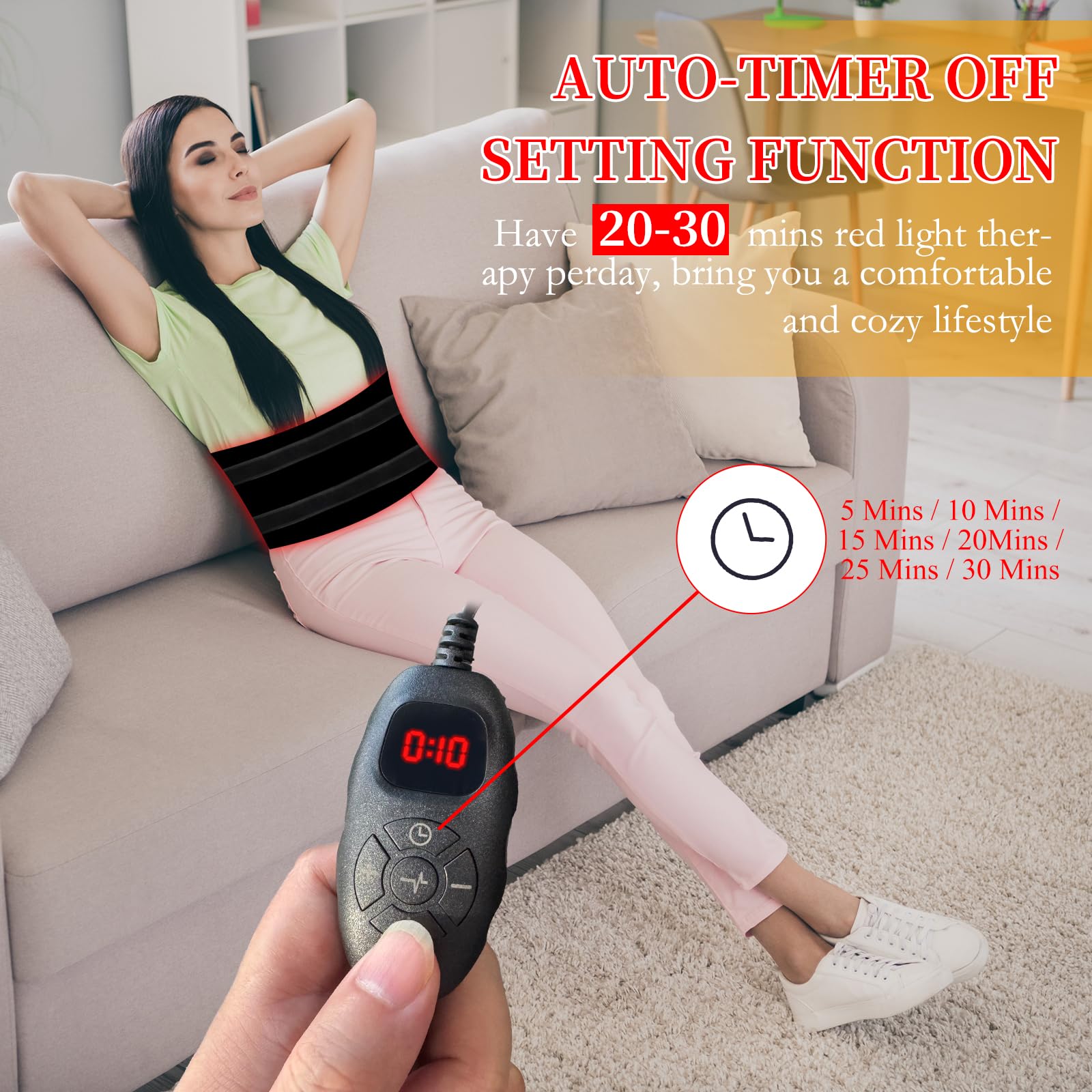 Czerwony pasek świetlny, 660 nm i 850 nm, czerwony i bliska podczerwień, pasek do owijania światłem z 3 trybami, 5 jasnością i 6 ustawieniami czasu dla nóg, pleców, talii, ramion, szyi