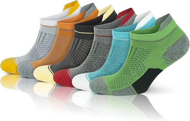 GoWith Bamboo Running Socks, 6 pairs box, ankle sport socks moisture wicking anti blister seamless soft breathable cycling gym grey black green yellow blue UK Size 6-11, Multi (3152)