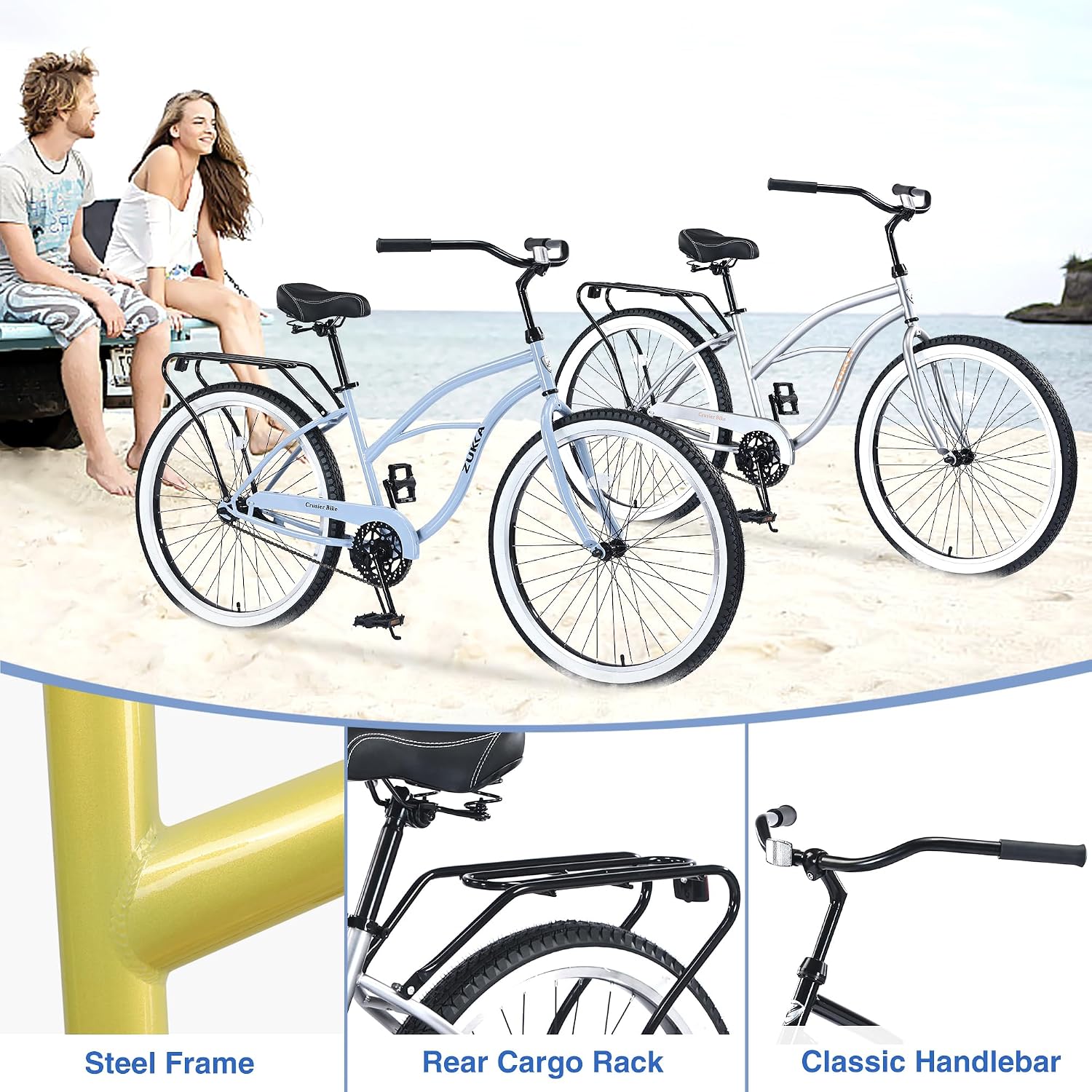 26 Inch Beach Cruiser Bike Single-Speed Men's Commuter Bicycle for Adult Men and Women,Comfortable City Bikes with Rear Cargo Rack,High-Carbon Steel,Multiple Colors