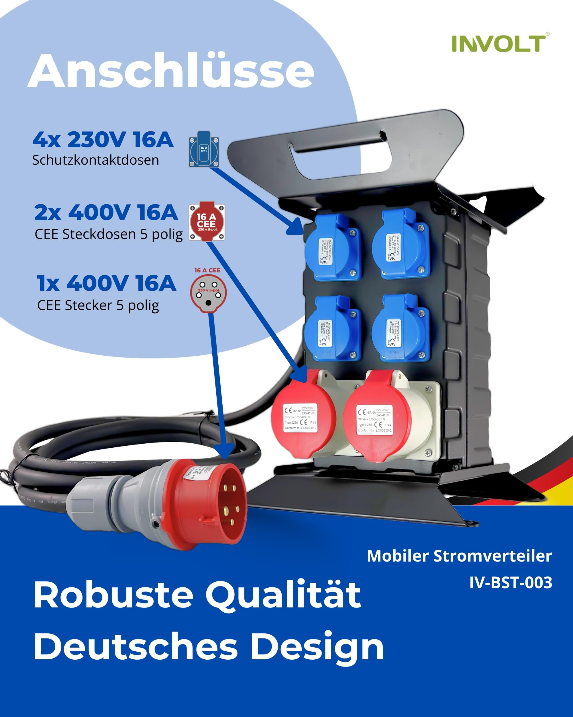 INVOLT Distributore di corrente, spina CEE 400 V/16 A/5 poli, 4 prese Schuko e 2 prese CEE 16 A, adattatore mobile, distributore per interni ed esterni, IP44