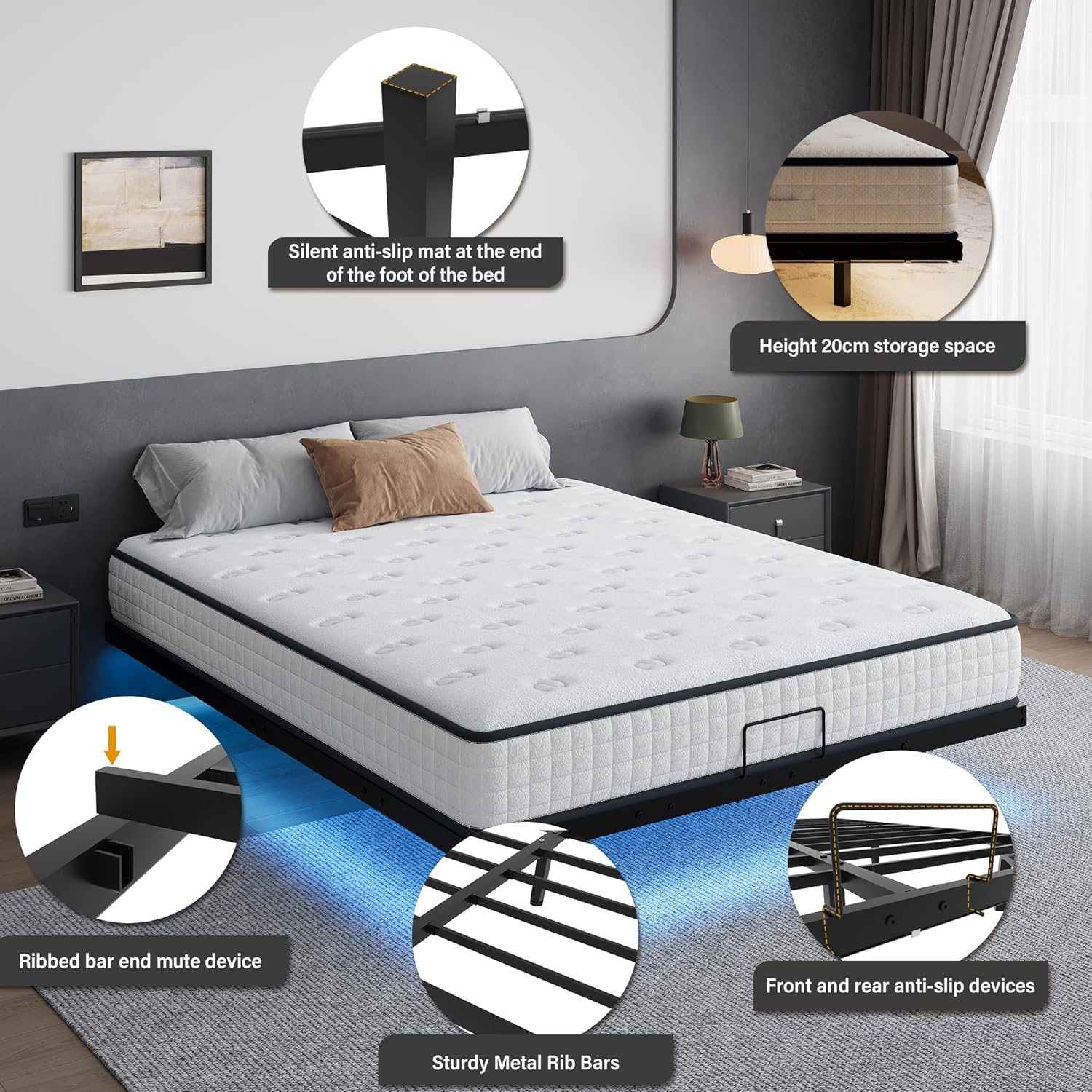 Dettagliato view of bed frame components and features