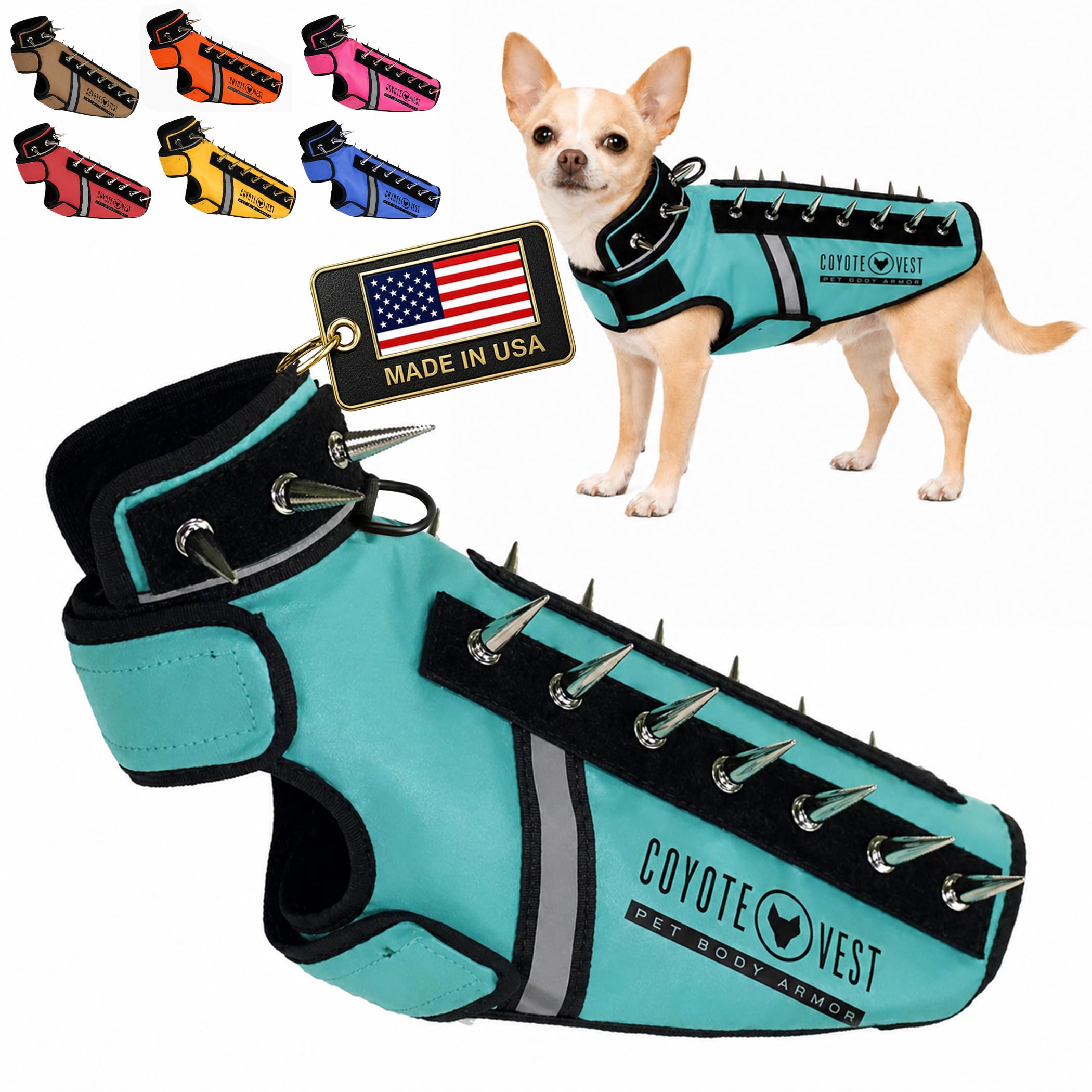CoyoteVest SpikeVest Dog Harness Vest for Small Dogs, Reflective Dog Vest with Spikes to Shield Your pet from Coyotes, Raptor and Animal Attacks, Anti Hawk Vest, Made in USA (XXS-Turquoise) โ image 1