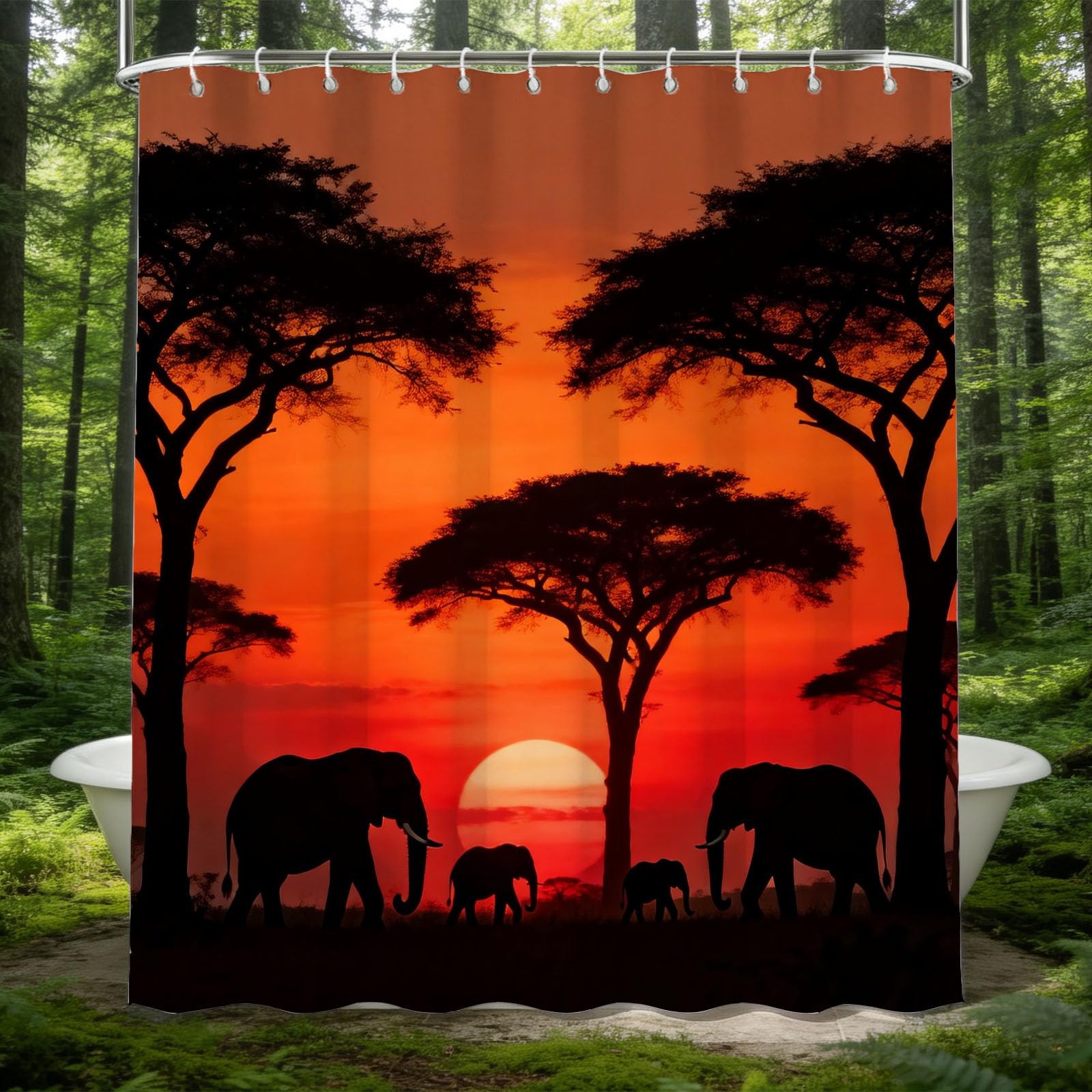 Hongduo White 3D African Sunset Shower Curtain For Stalls Bathtubs African Grassland Bathroom Decor Shower Curtain Set Polyester Fabric Waterproof 200X200cm/79X79 Inch With Hooks