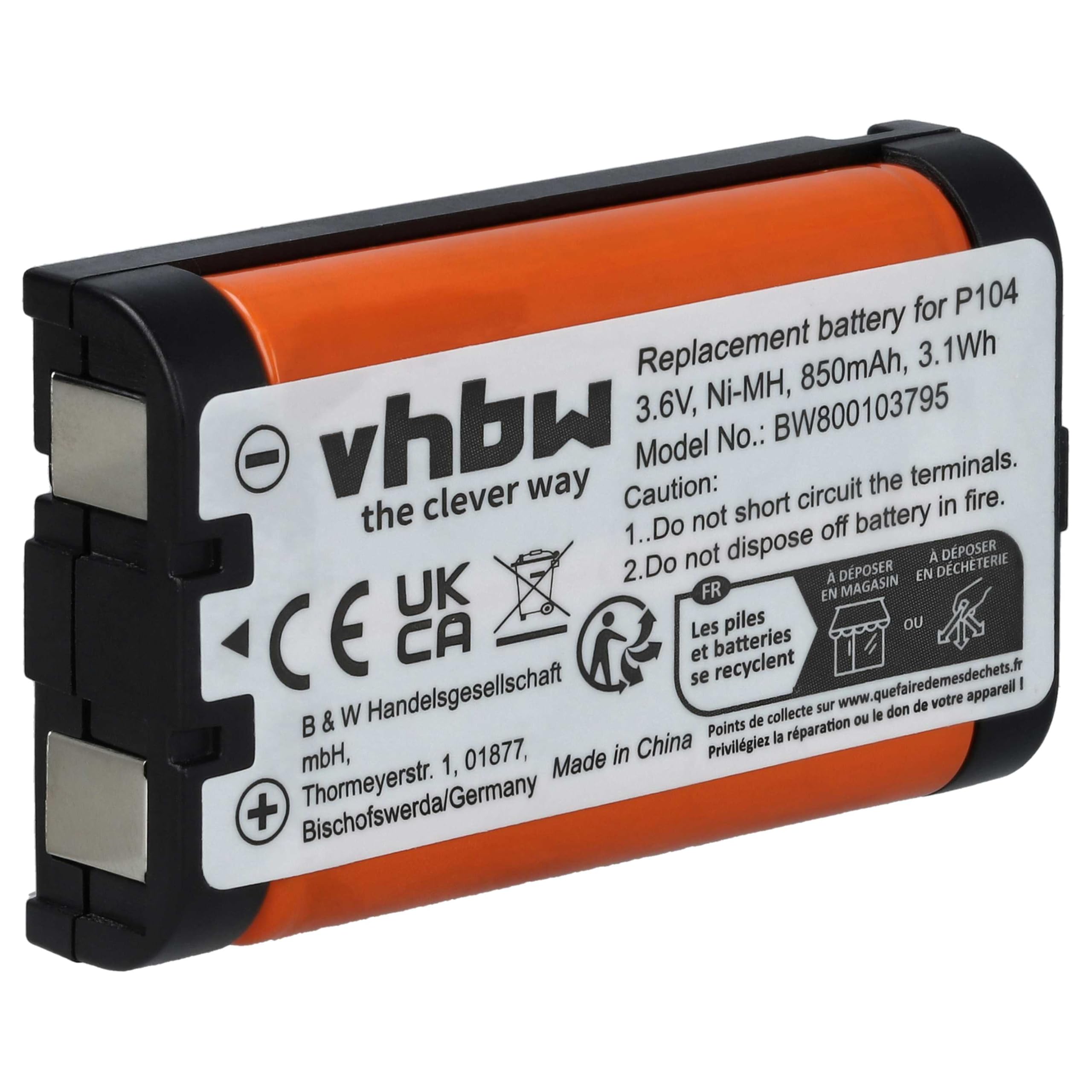 vhbw 1x NiMH akumulator 850 mAh (3,6 V) pasuje do bezprzewodowego telefonu stacjonarnego Panasonic KX-TG2336S, KX-TG2343, KX-TG2343P, KX-TG2343W, KX-TG2344, KX-TG234B
