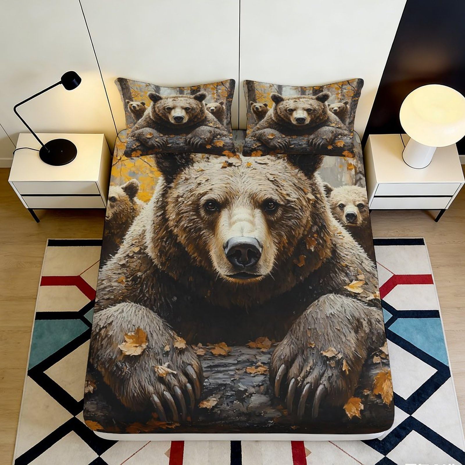 3D Printed Brown Bear Fitted Sheet Microfiber Soft Durable Autumn Leaves Bed Cover for Bedroom Dormitory Guest Room Mattress Protection Decor 160x200x25cm