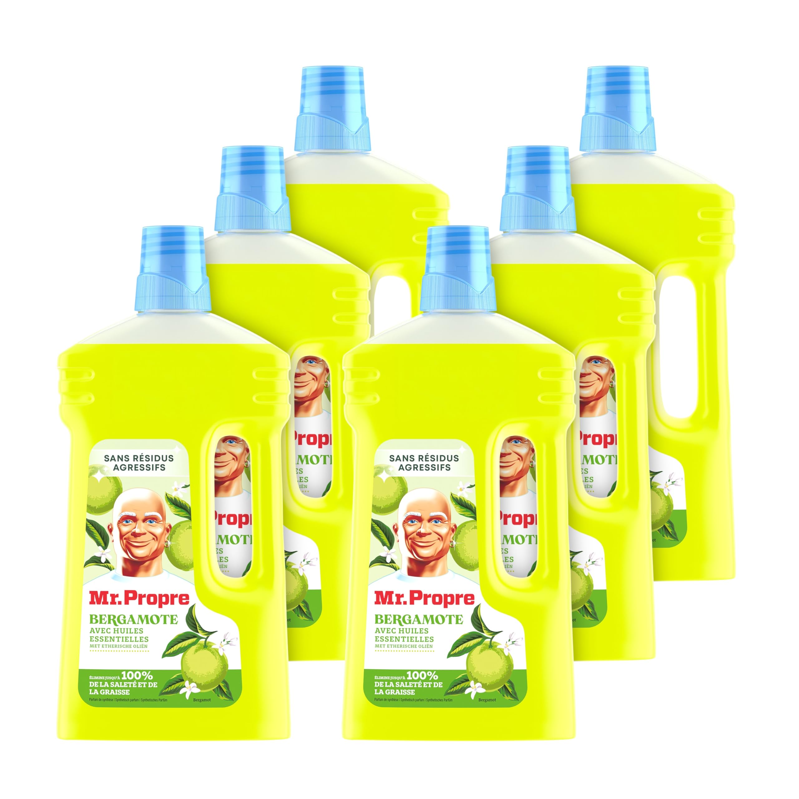 Mr. Propre Nettoyant Liquide Sol Multi-Usages Parfum Bergamote 1L x6 | Grand format (1L).Élimine Jusqu'à 99.9% Graisse et Saleté, Sans Traces, Fraîcheur Longue Durée