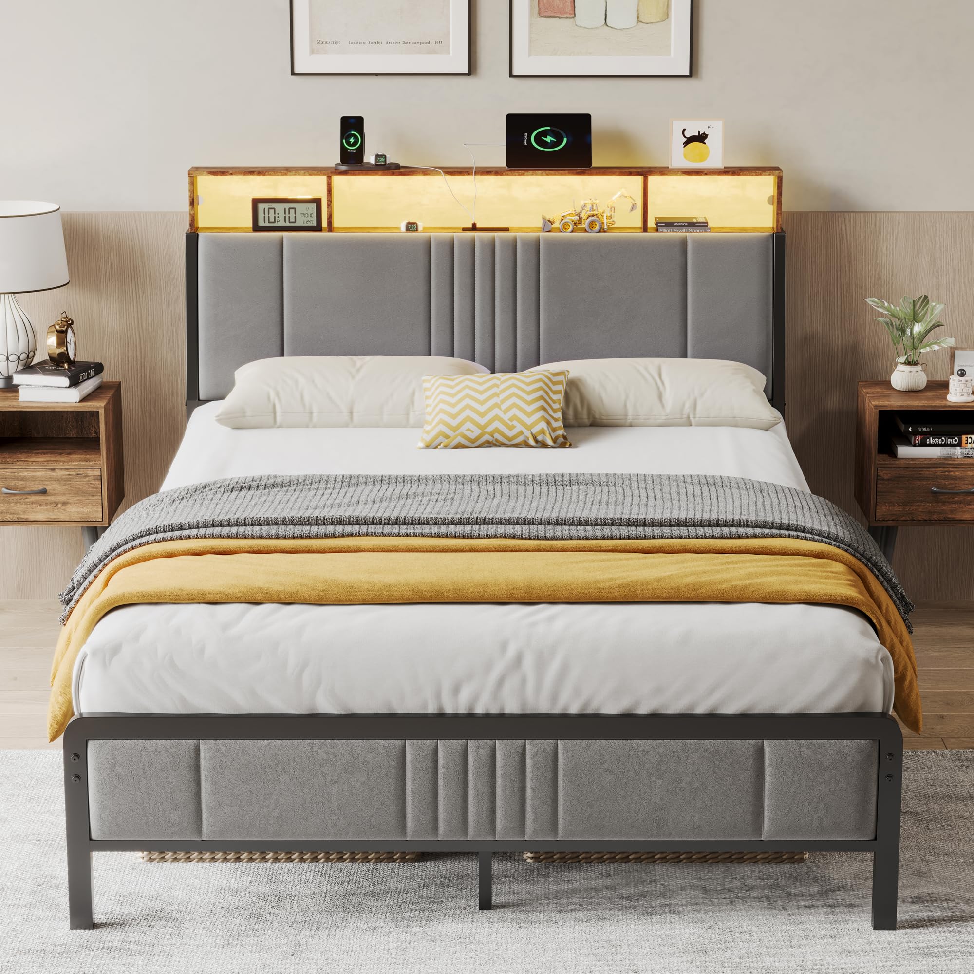 bedspick full size bed frame with ergonomic headboard, upholstered metal platform bed full with 2-tier storage, charging station, smart led lights, easy assembly, no box spring needed, gray