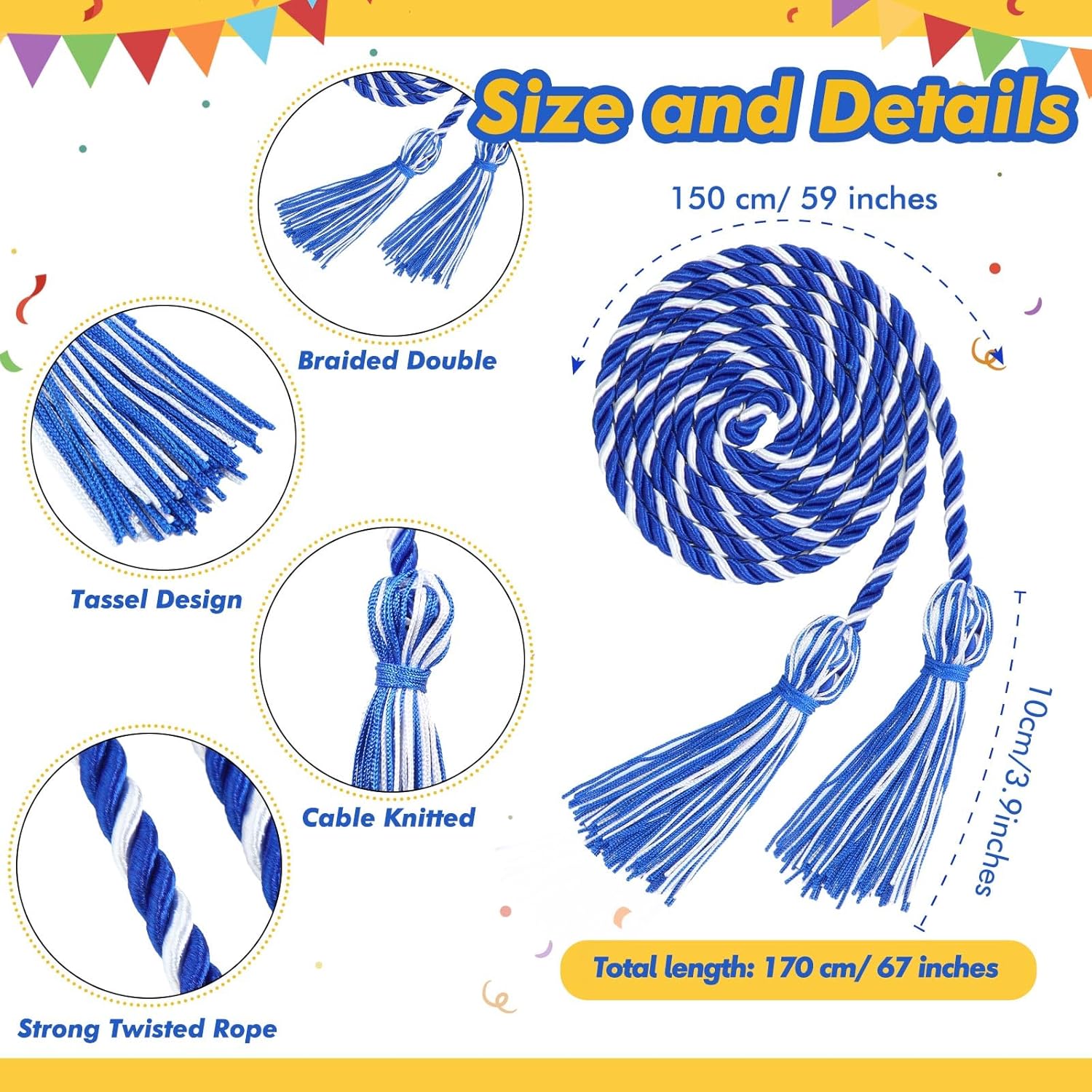 Geosar 48 Pcs Graduation Cords, Honor Cords with Tassel for Bachelor, Master, Doctor Graduation Ceremonies (Blue and White)