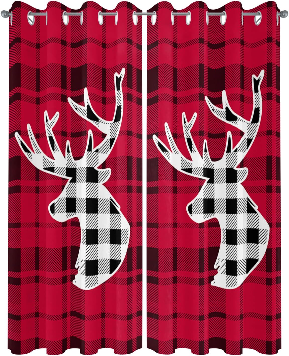 Outdoor Curtain for Patio Waterproof, Xmas Deer Head Bufflo Plaid Red Windows Curtains Panels Light Filtering Outside Drapes for Living Room/Pergola/Garden/Balcony 52" W x 84" L x 2