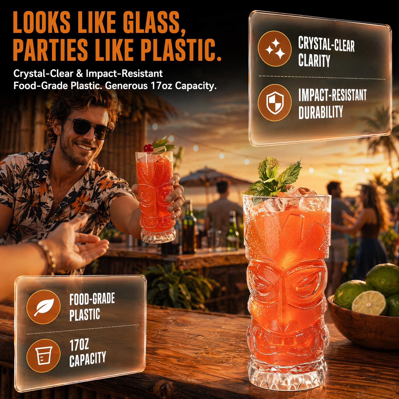 Hacaroa Plastikowe kubki Tiki, przezroczyste szklanki Tiki, nowoczesny bar Tiki, kubek hawajska impreza, szklanki do koktajli, lemoniady, napojów mieszanych, Halloween, piknik, artykuły restauracyjne, 8 szt