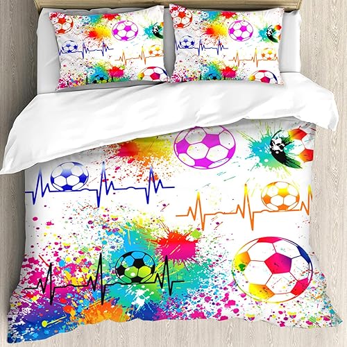 Miniatura 2 de Brloote Juego de ropa de cama de pelota de fútbol con fundas de almohada a juego, tamaño individual, funda de edredón con temática deportiva de