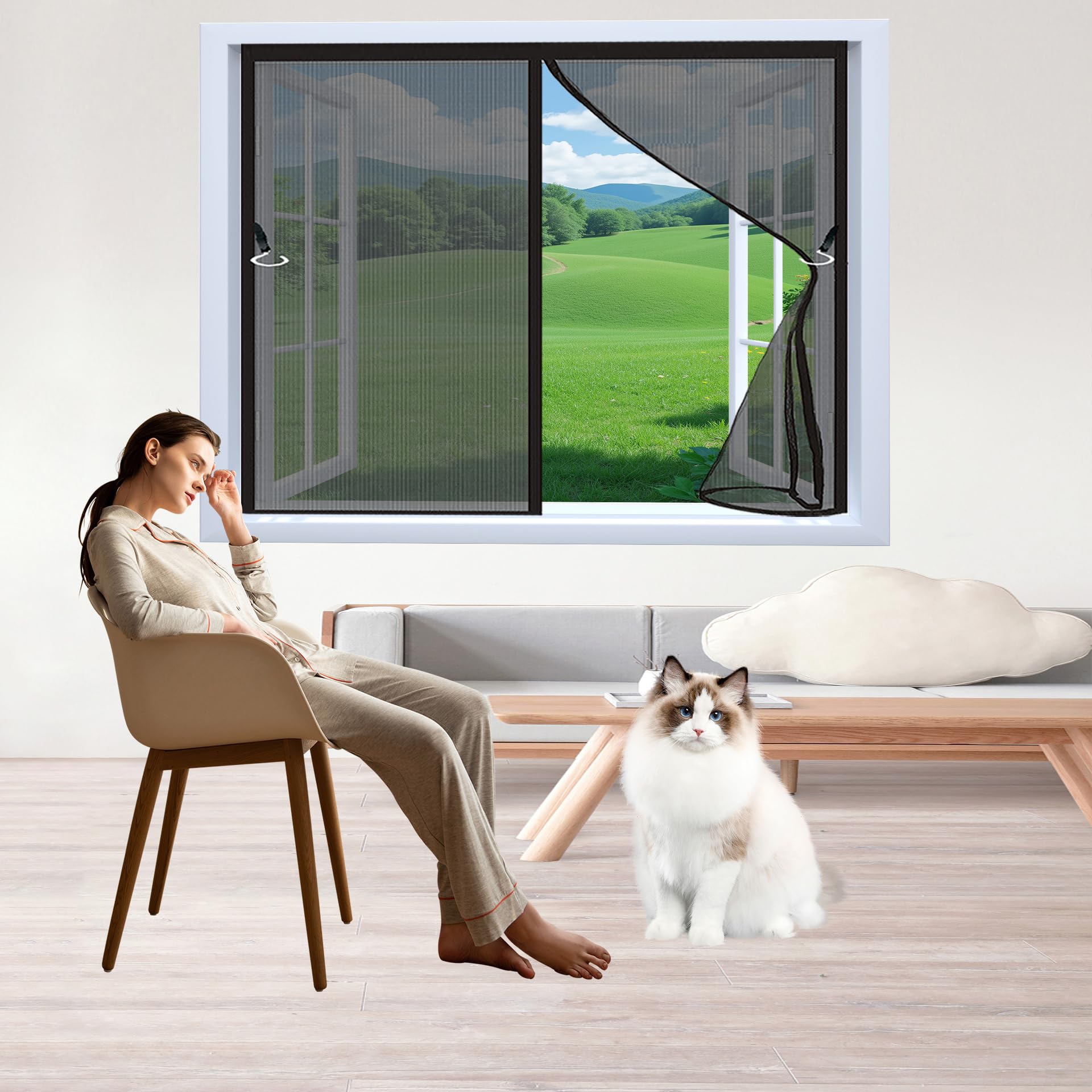 Amzyu Black Magnetic Window Fly Screen 120 X 103 Cm Mosquito Net For Windows Fine Mesh Durable ‎Polyester No Drilling Or Screwing With Self-Adhesive Tapes,