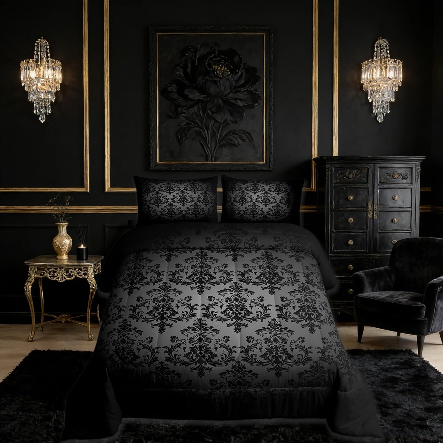 Gray Black Damask Bedding Sets Full Size,Antique Victorian Baroque Boho Reversible Down Comforter Breathable Polyester Quilt Set,Vintage Gothic Lace Floral Print Duvet Insert,2 Pillowcases