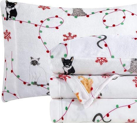 Elegant Comfort Luxuriously Soft 4-Piece Holiday Velvet Plush Flannel Sheet Set - Premium Quality - Cozy Warm, Christmas Fuzzy Velvet Flannel Fleece Deep Pocket Sheet Set - Cal King, Jingle Cats